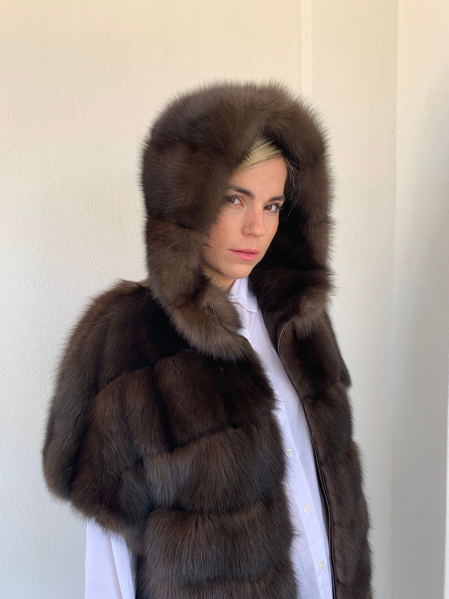 Real Barguzinsky Sable Fur Jacket: Brown Leather Trim Hooded Coat
