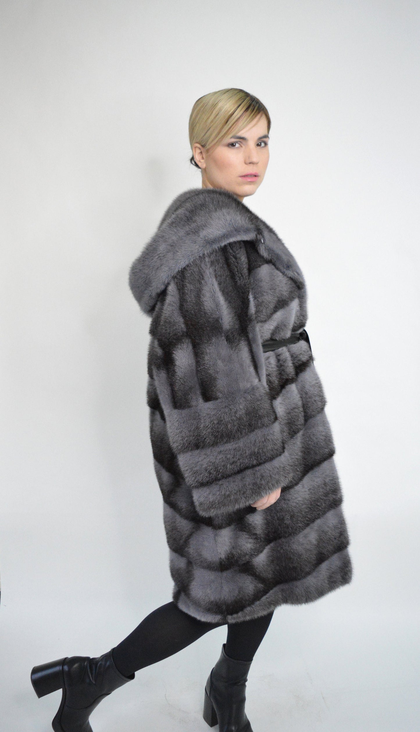 Gray Mink Fur Kimono Coat: Hooded Black Cross Dyed Stroller,oversized with Leather Belt