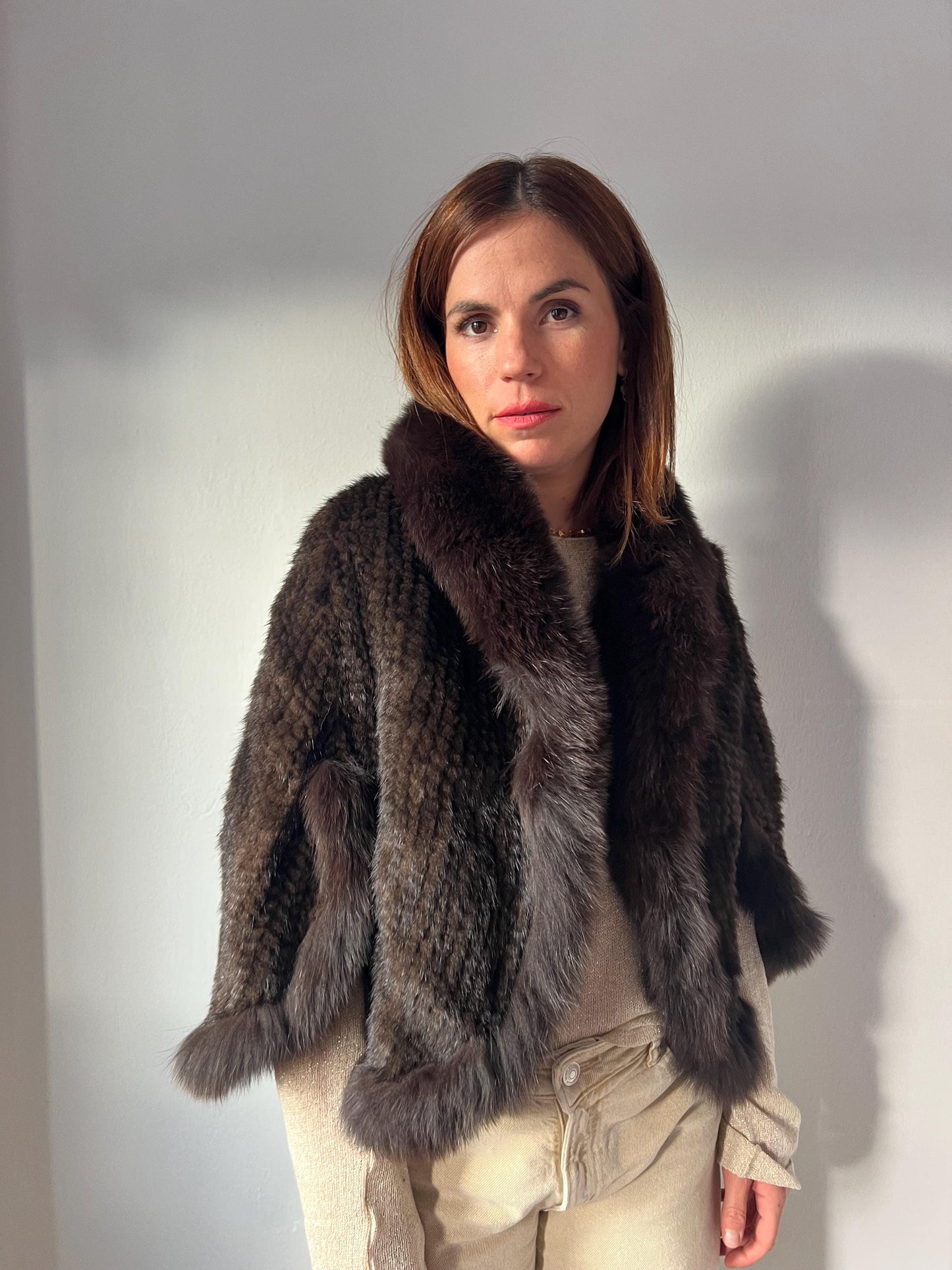 Handwoven Mink Fur Cape: Midnight Blue Fox Trim Jacket