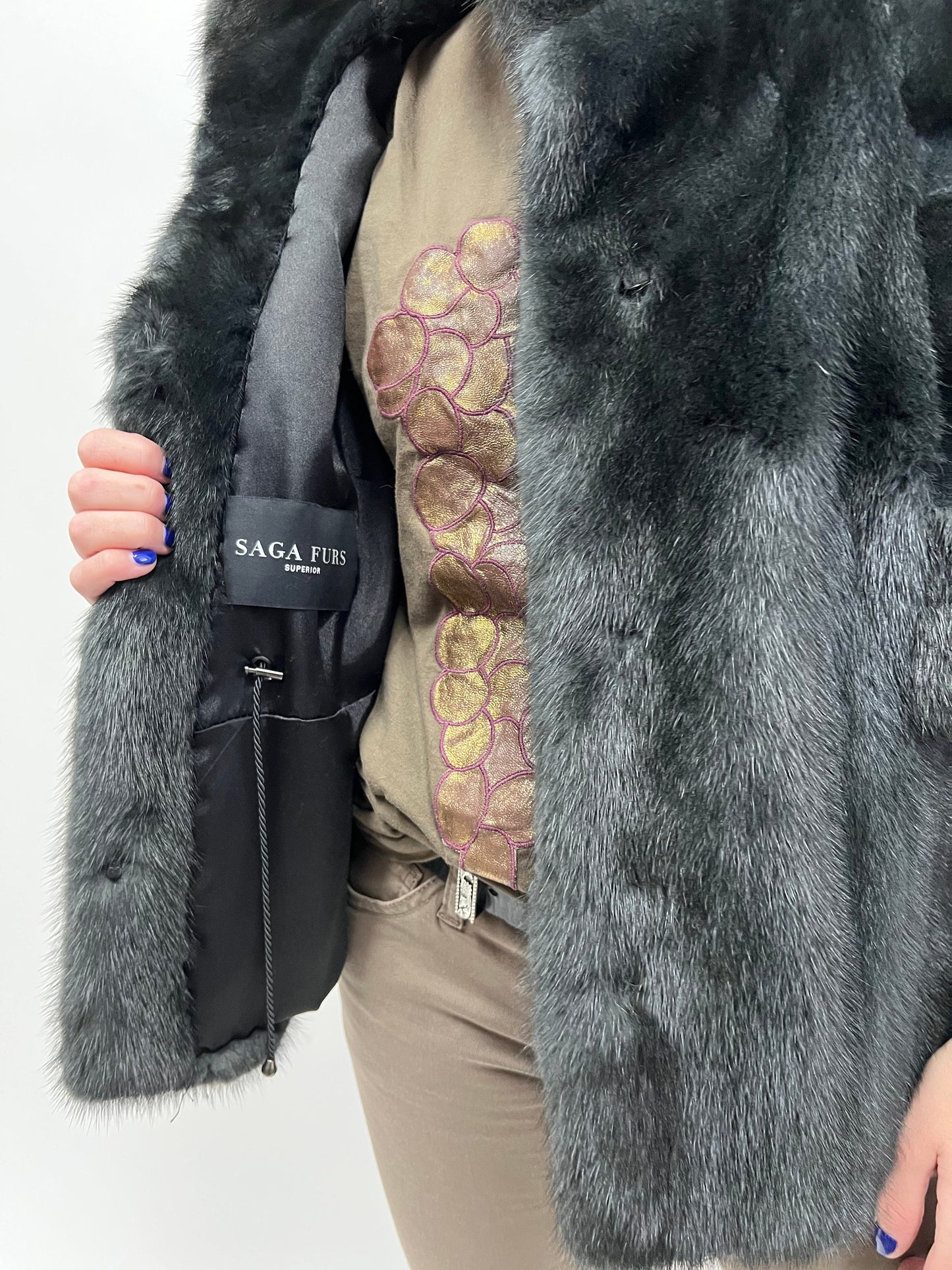 Midnight Blue Mink Fur Cape Jacket - Sheared Mink Details - Saga Furs