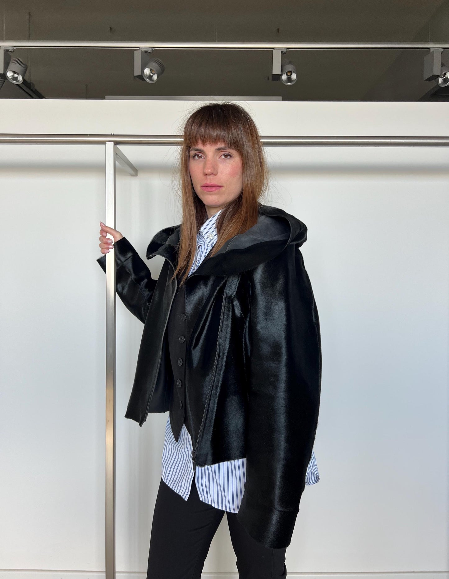 Genuine Hair-On Leather Coat: Black Cavallino Calf Jacket with Hood