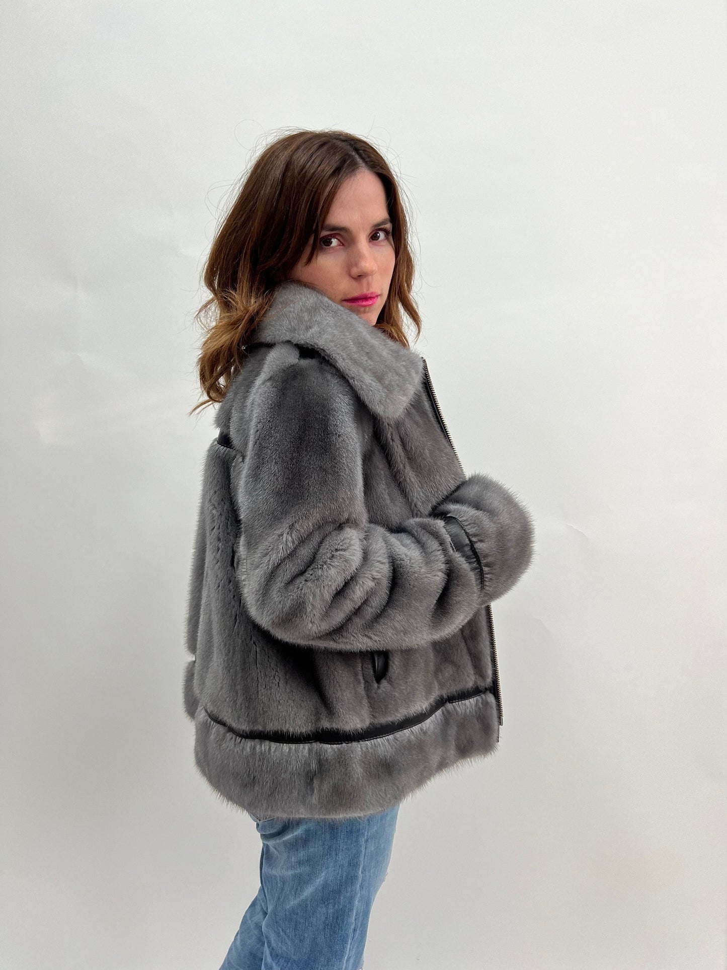 Silver Blue Mink Fur Biker Jacket with Leather Details