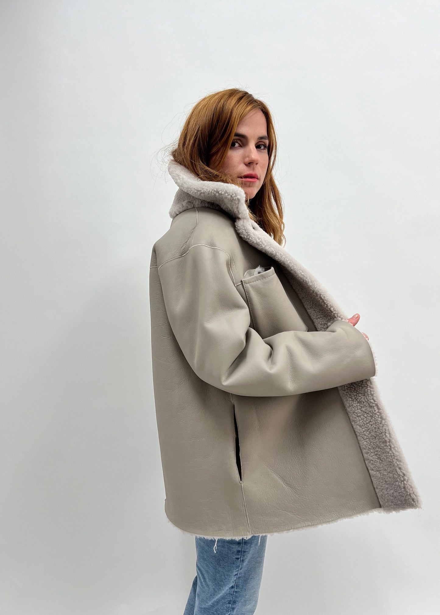 Handmade Sheepskin Shearling Jacket: Grey Nappa Fur Overshirt
