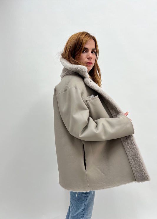 Handmade Sheepskin Shearling Jacket: Grey Nappa Fur Overshirt