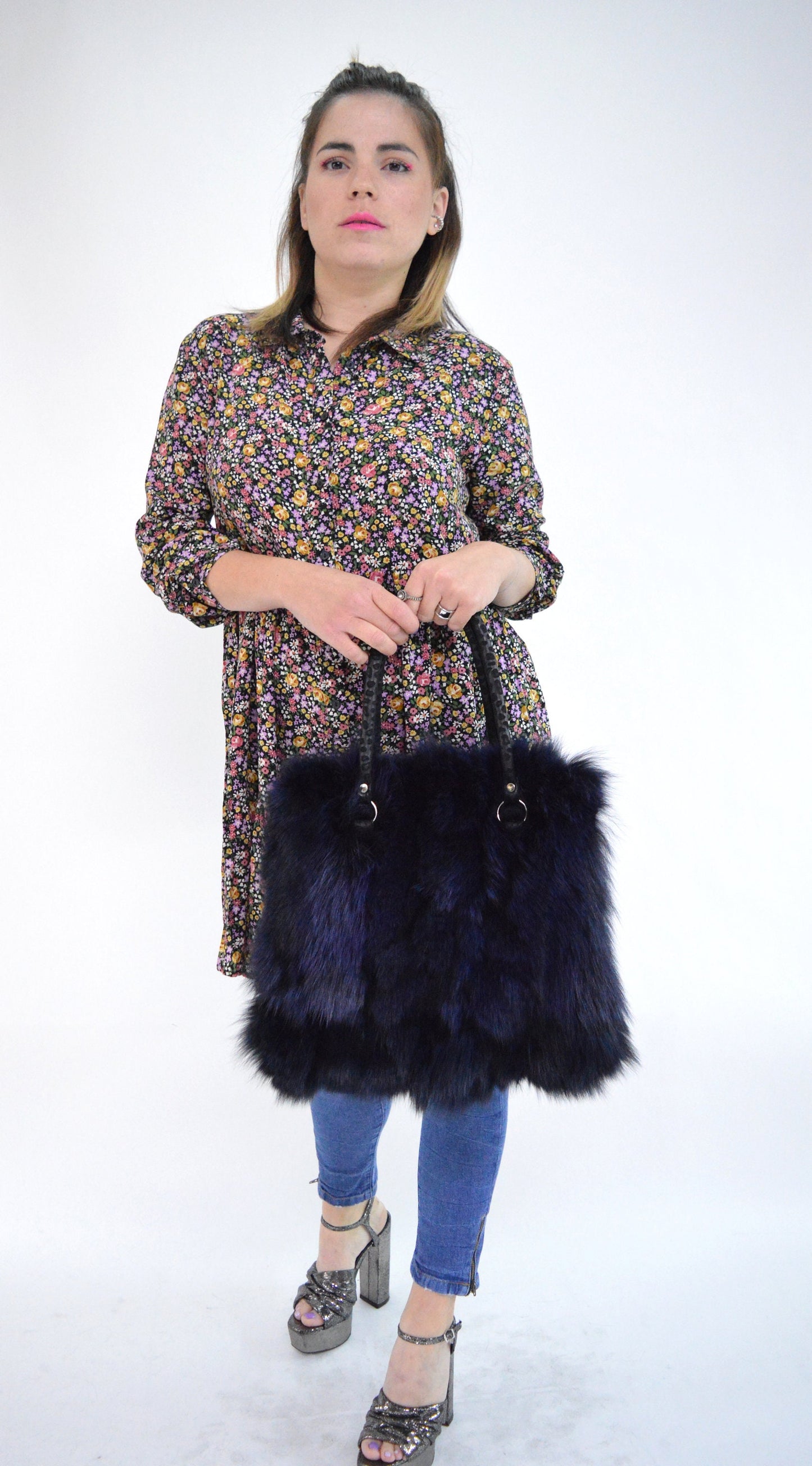 Navy Fox Fur Tote Bag: Handmade Leather Shoulder Bag