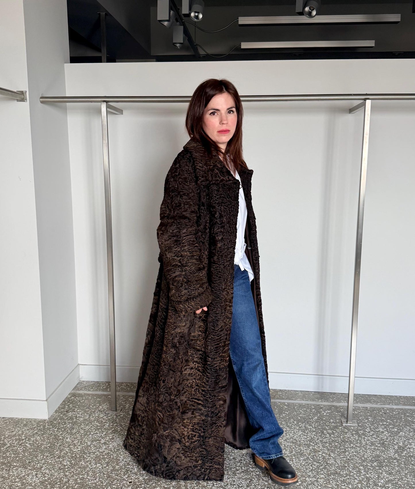 Handmade Brown Swakara Curly Fur Coat with Tie Belt – Extremely Warm Sheepskin Coat