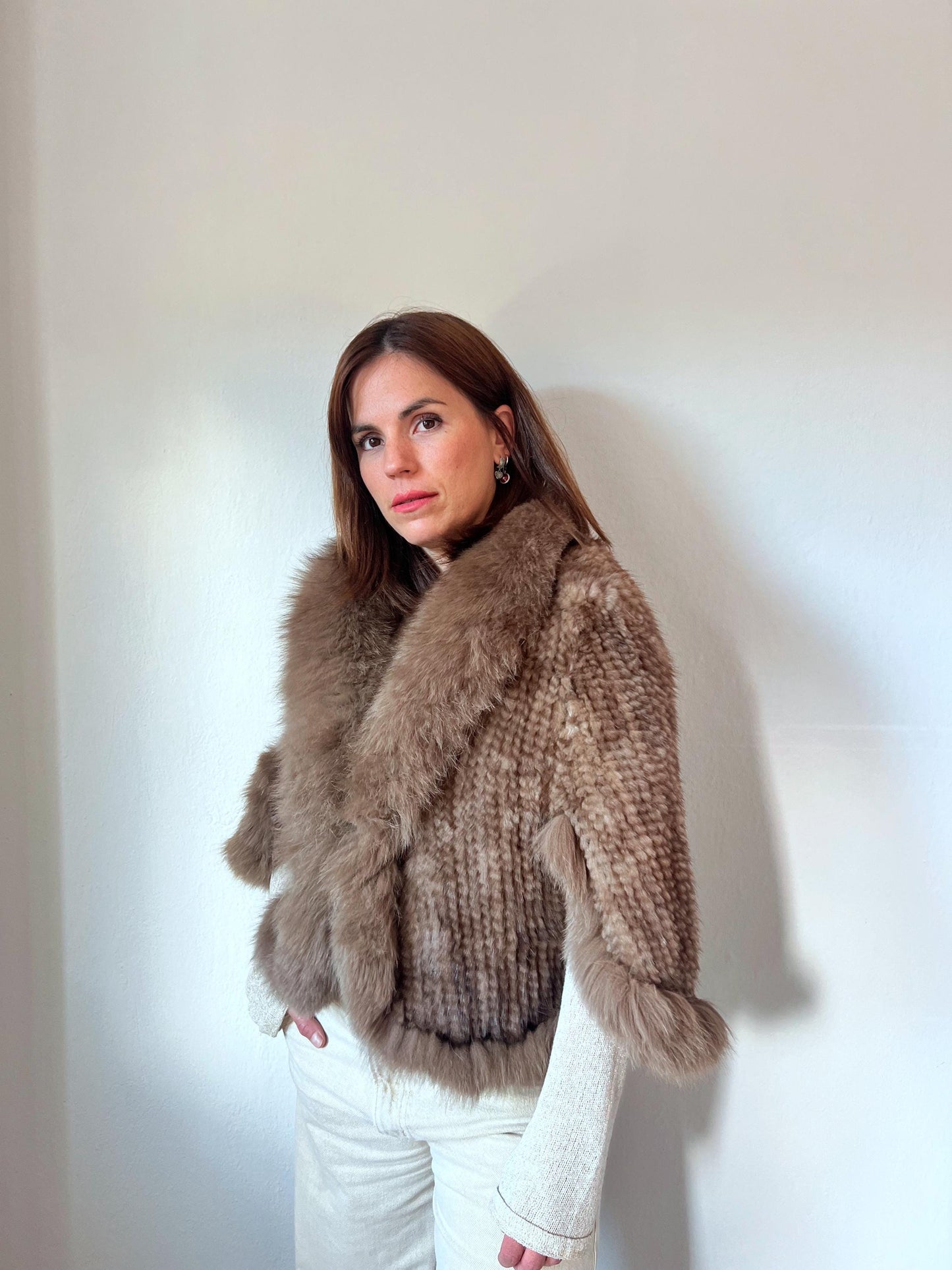 Handwoven Mink Cape with Fox Fur Trim - Taupe Poncho Jacket