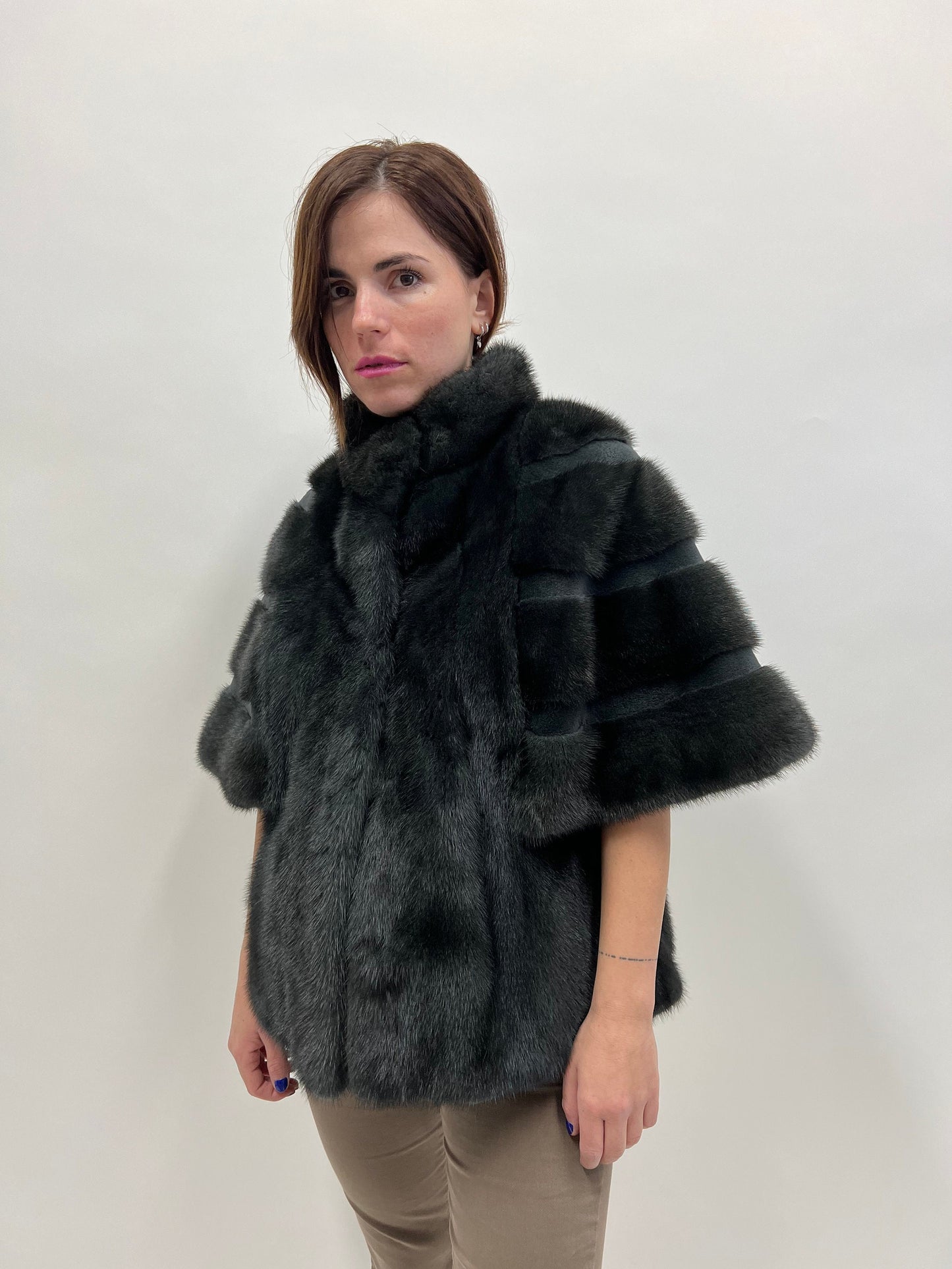 Midnight Blue Mink Fur Cape Jacket - Sheared Mink Details - Saga Furs