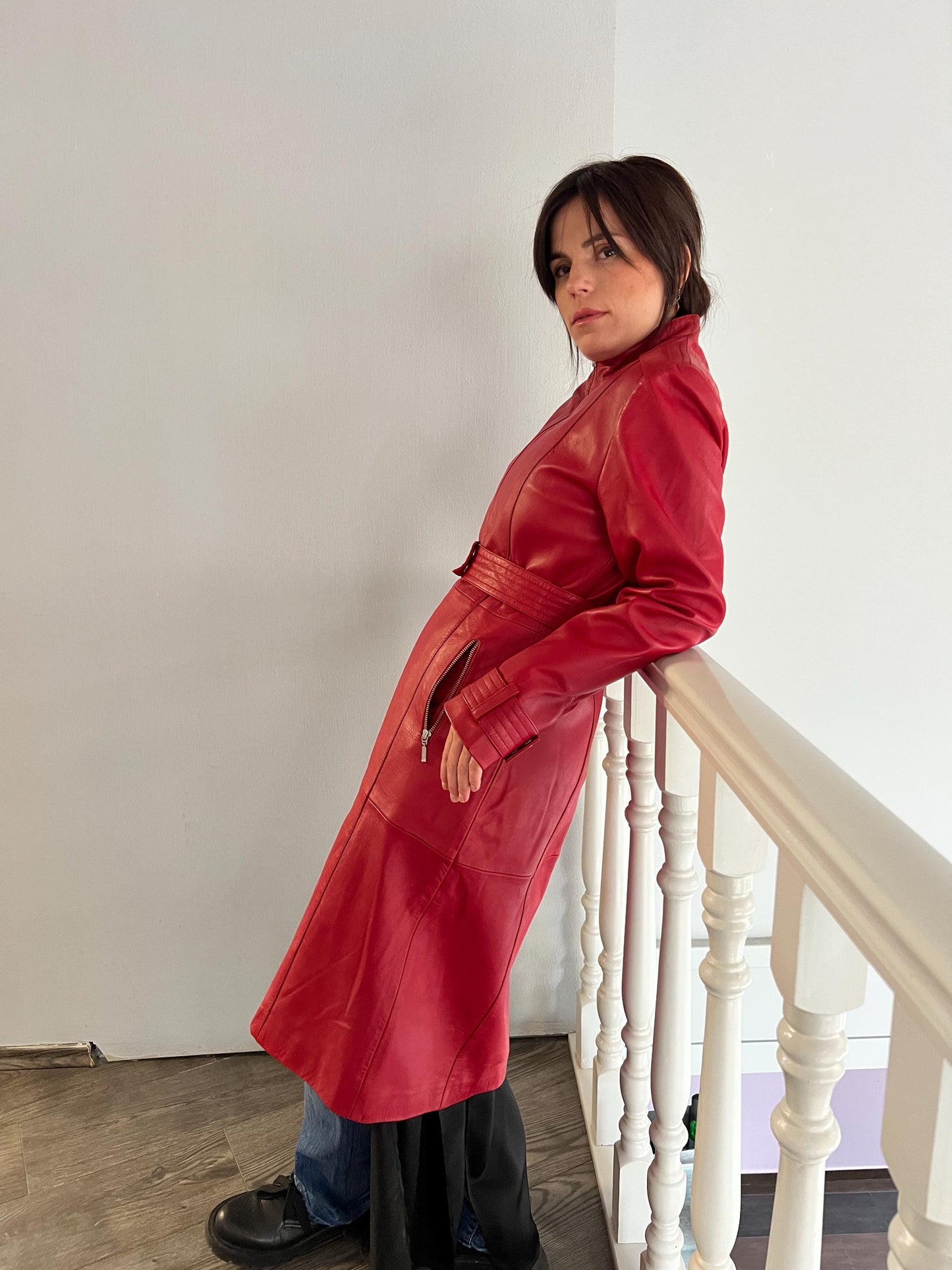 Handmade Red buttery Nappa Lambskin Leather Coat: Belted Warm Lining