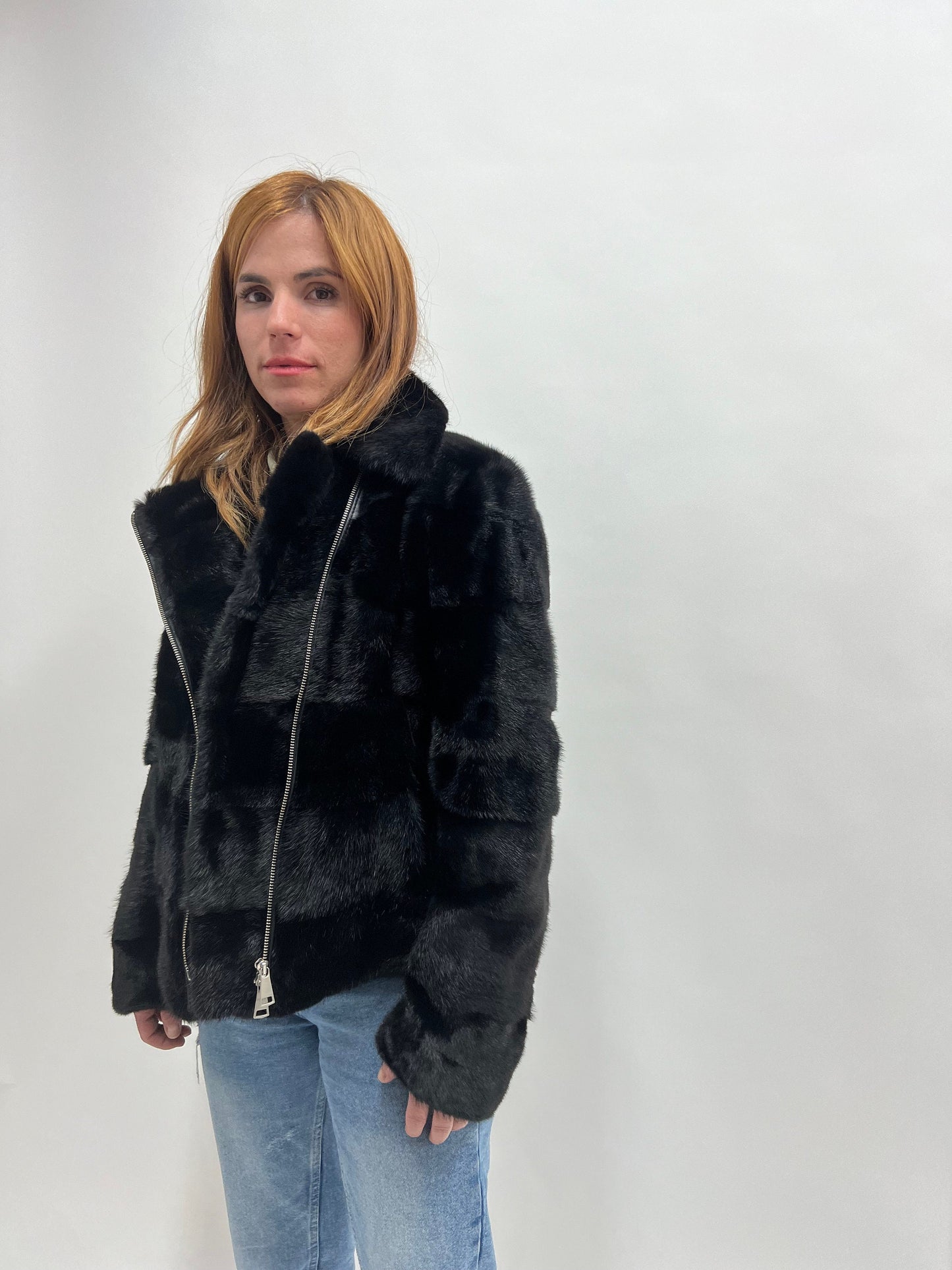 Black Mink Biker Jacket: Horizontal Fur, Silver Hardware