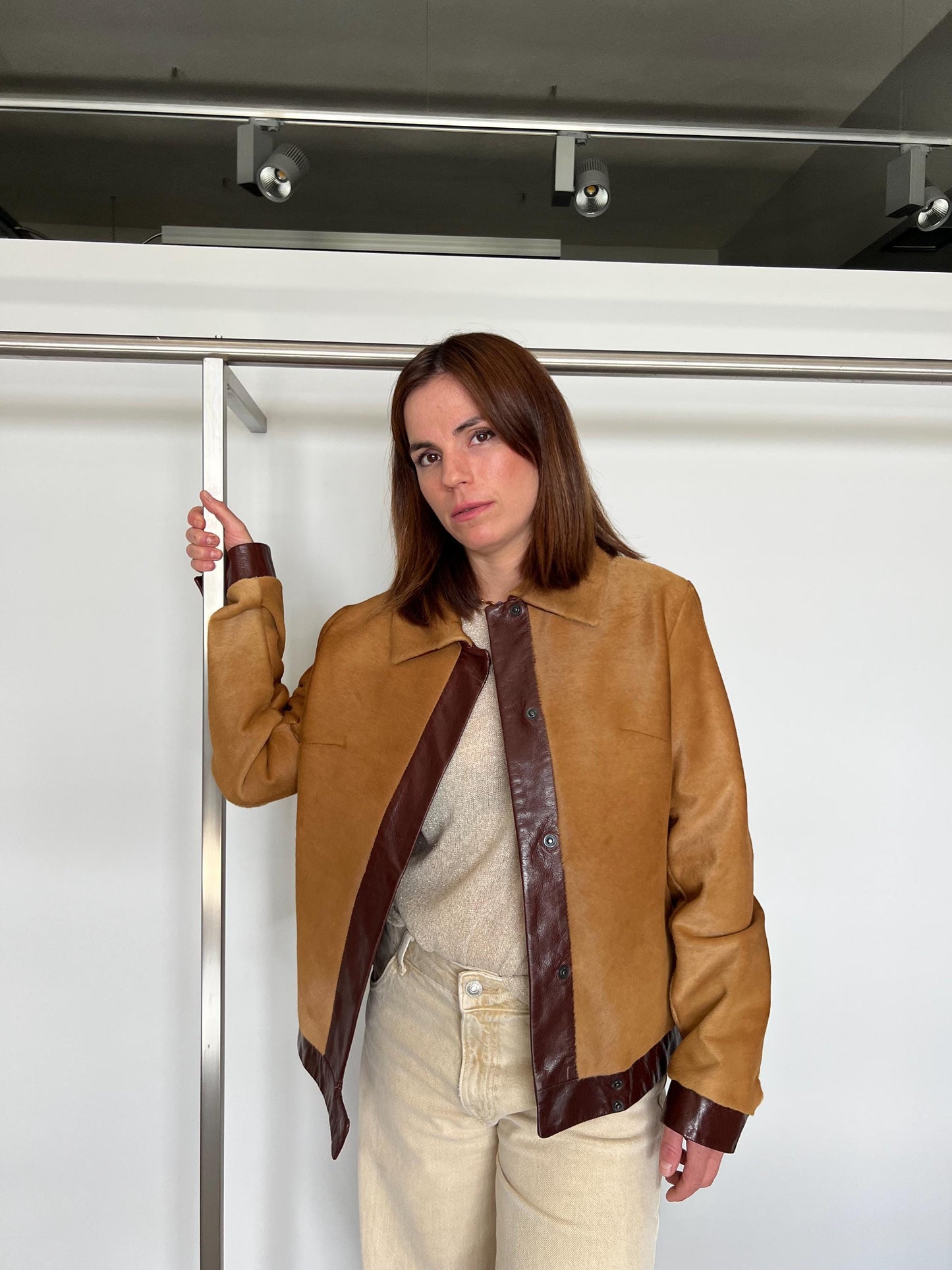 Camel and Burgundy Hair-On Calf Hide Leather Jacket - Handmade in Greece