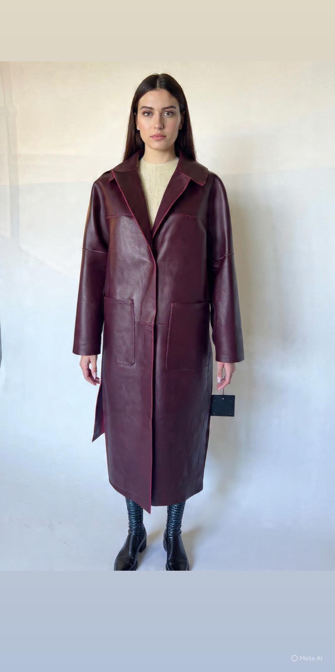 Burgundy thick Leather Coat: Oversized  Premium hide Handmade full length with slits on the sides.