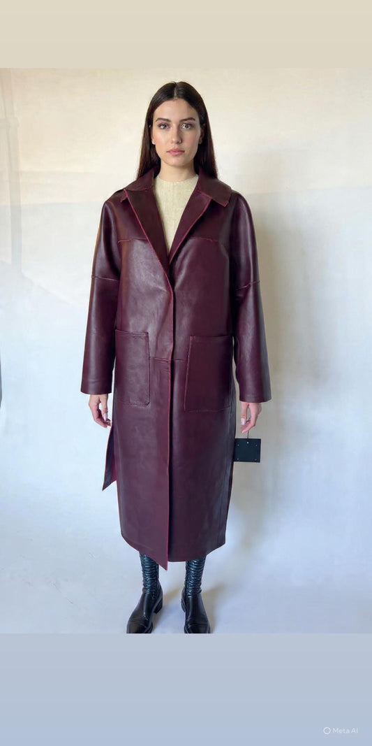 Burgundy thick Leather Coat: Oversized  Premium hide Handmade full length with slits on the sides.