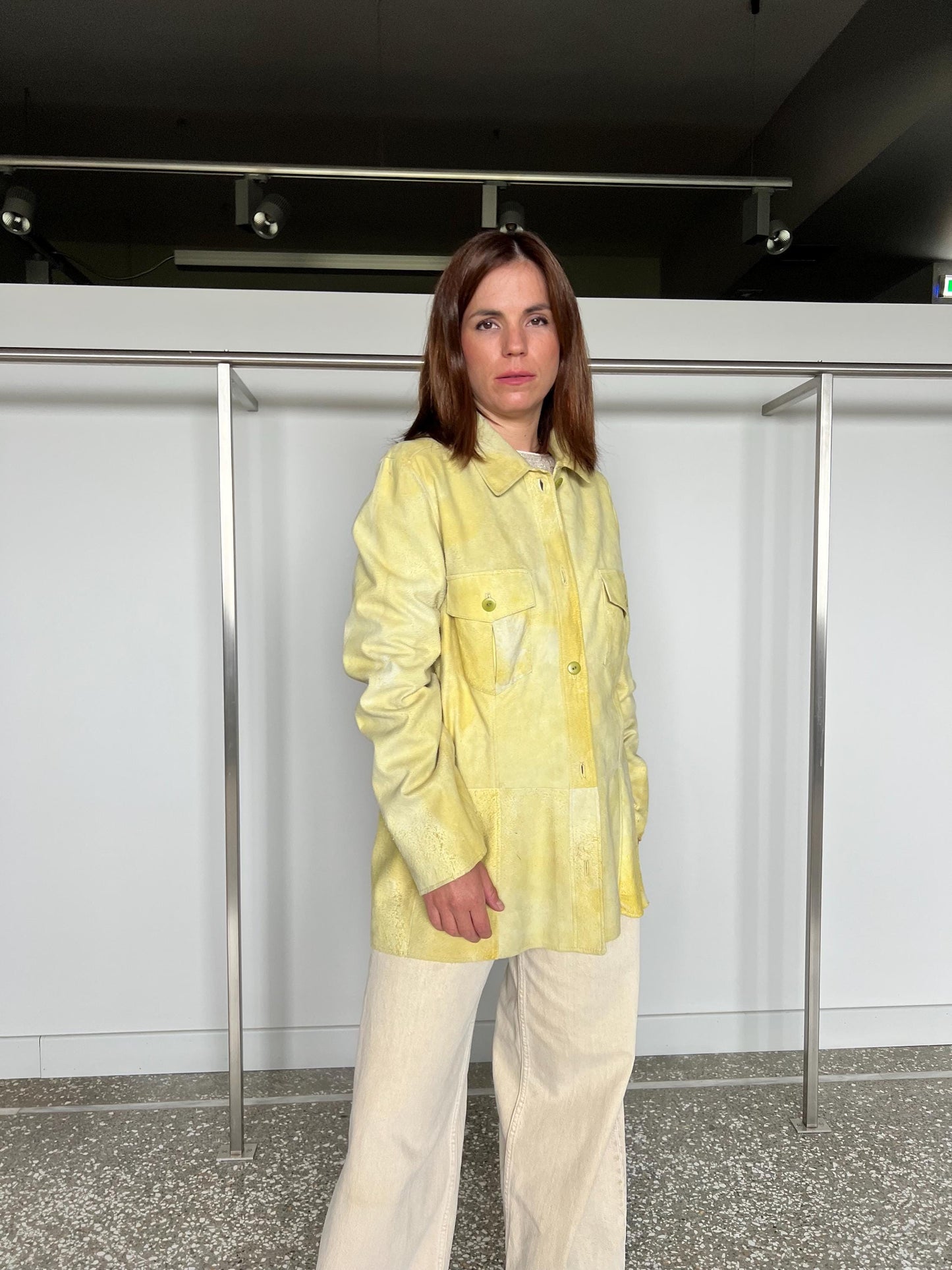 Lime suede leather distressed overshirt. Light genuinely leather: Handmade blazer with external pockets.