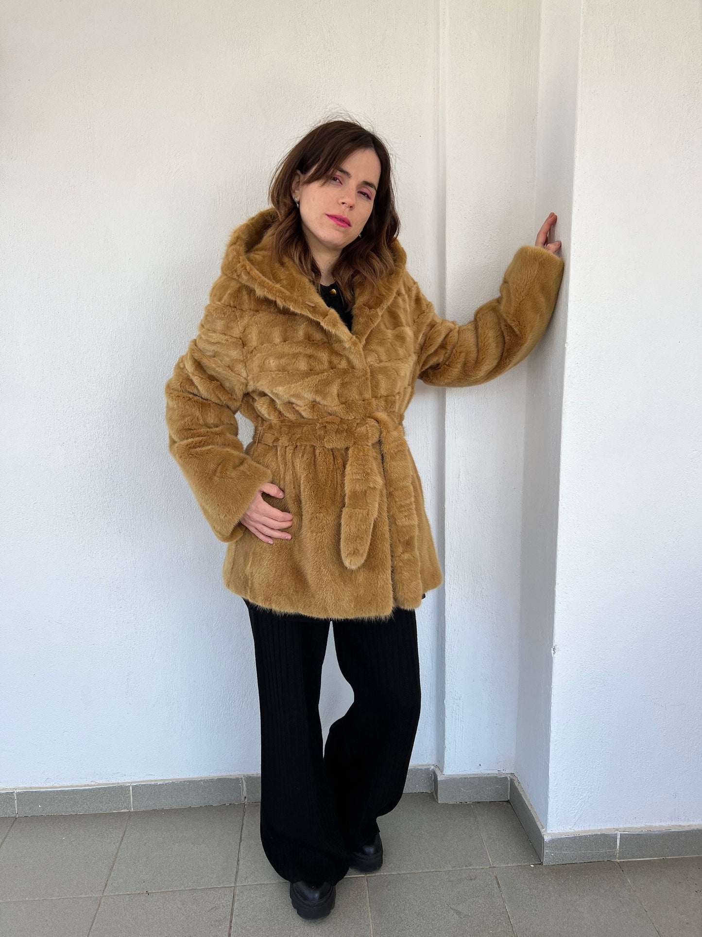 Camel Mink Fur Hooded Jacket with Belt - Luxury Gift