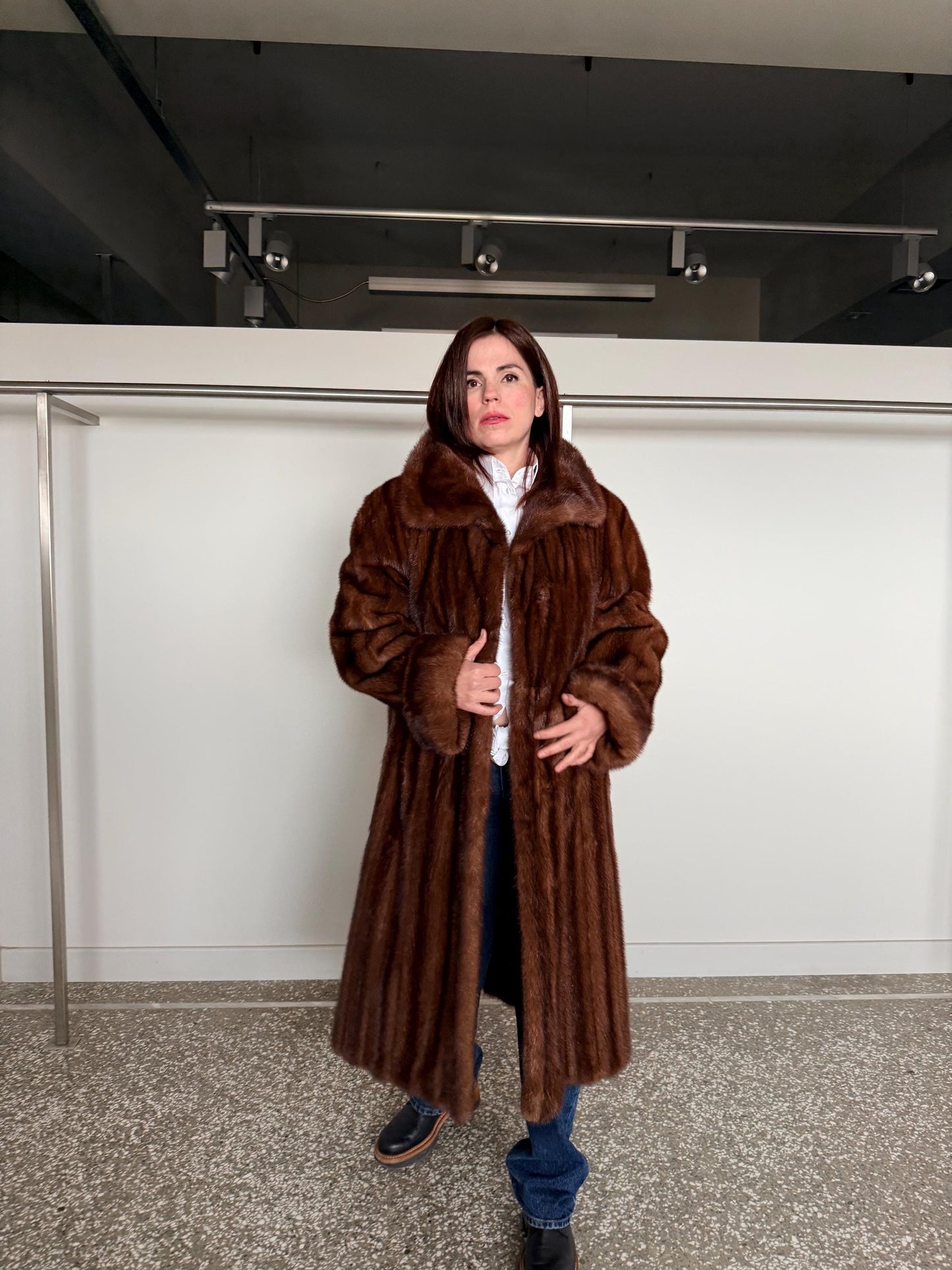 Demi Buff Mink Fur Coat: Pastel whisky Long retro-look Stroller, Handmade in Greece