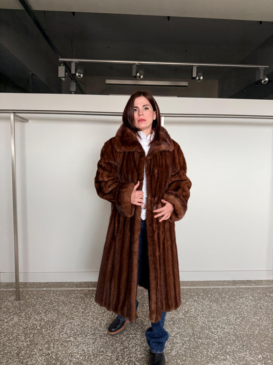Demi Buff Mink Fur Coat: Pastel whisky Long retro-look Stroller, Handmade in Greece