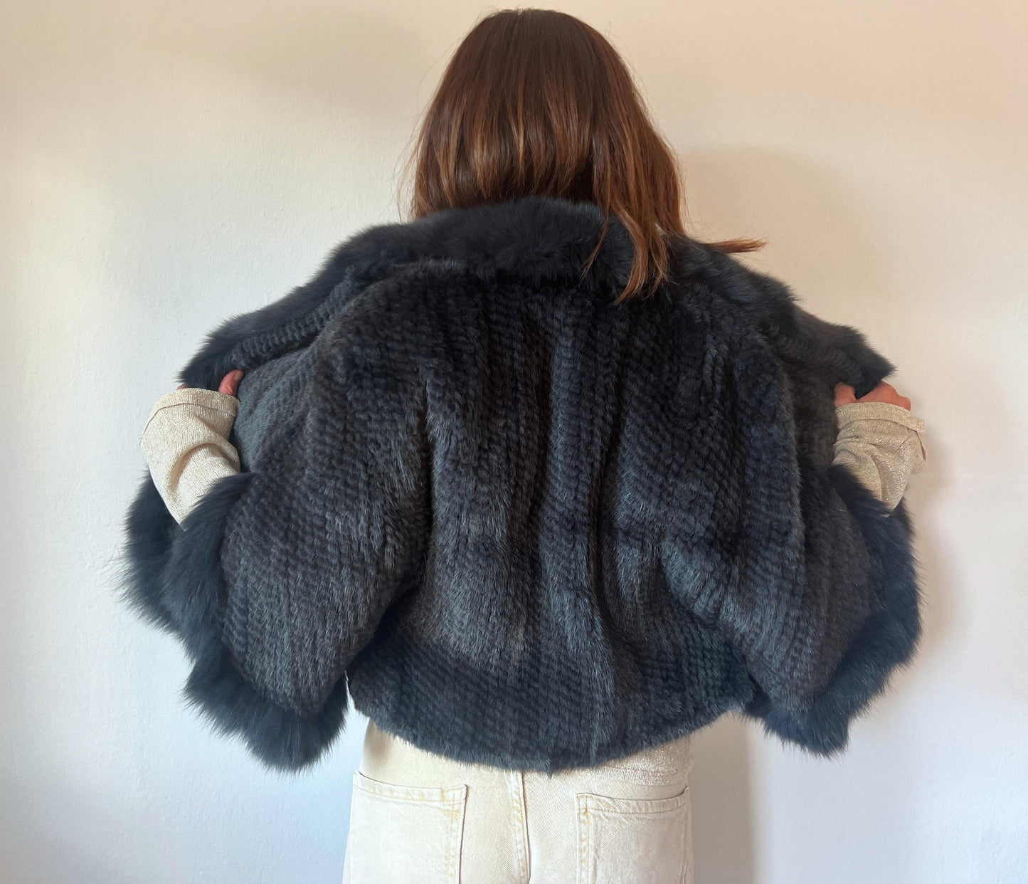 Handwoven Mink Fur Cape: Midnight Blue Fox Trim Jacket
