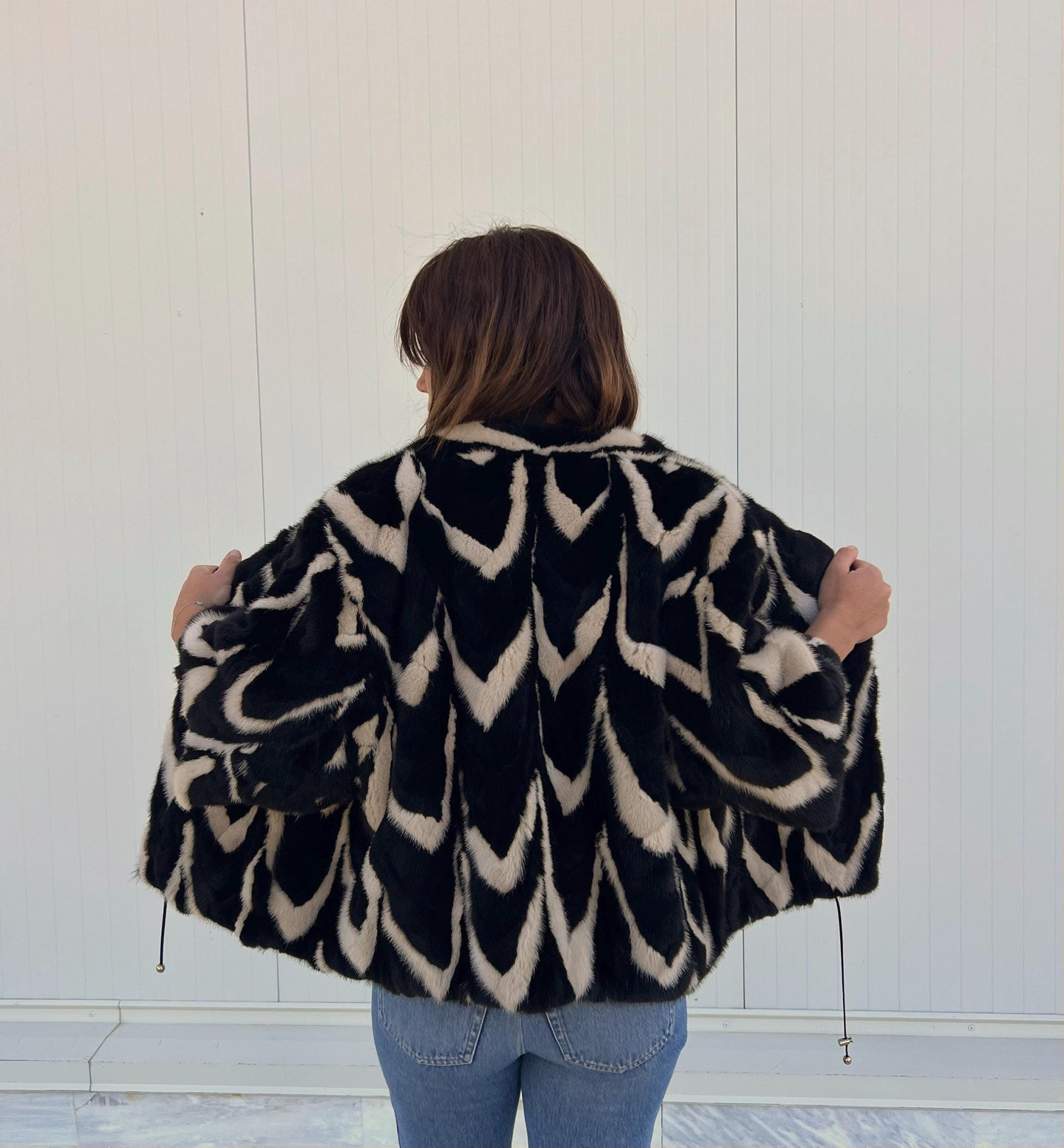 Intarsia Mink Fur Jacket: Beige & Black Genuine Fur Blazer