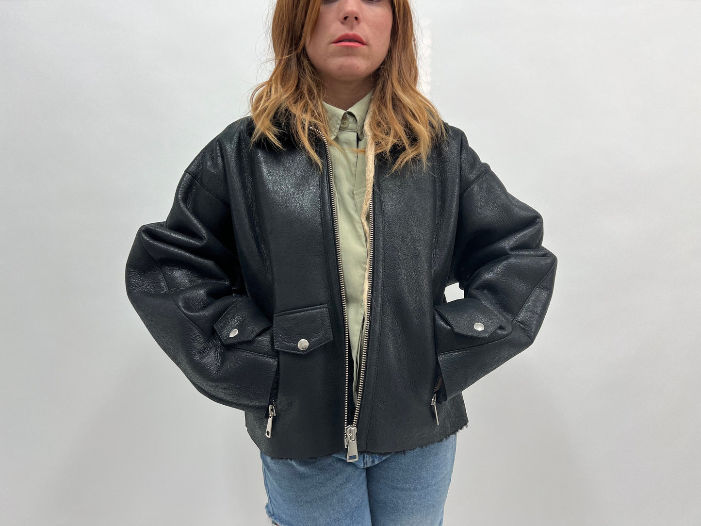 Handmade Black Shearling Fur Jacket: Cracked Leather Sheepskin Coat
