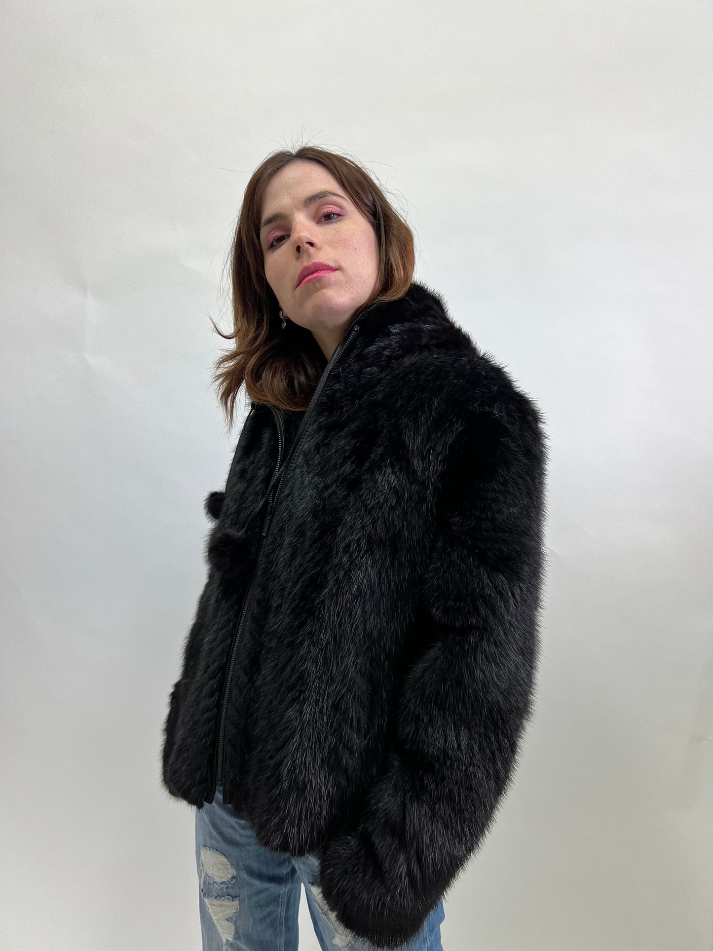 Real Mink Fur Hooded Bomber Jacket - Leather Trim, Size Medium