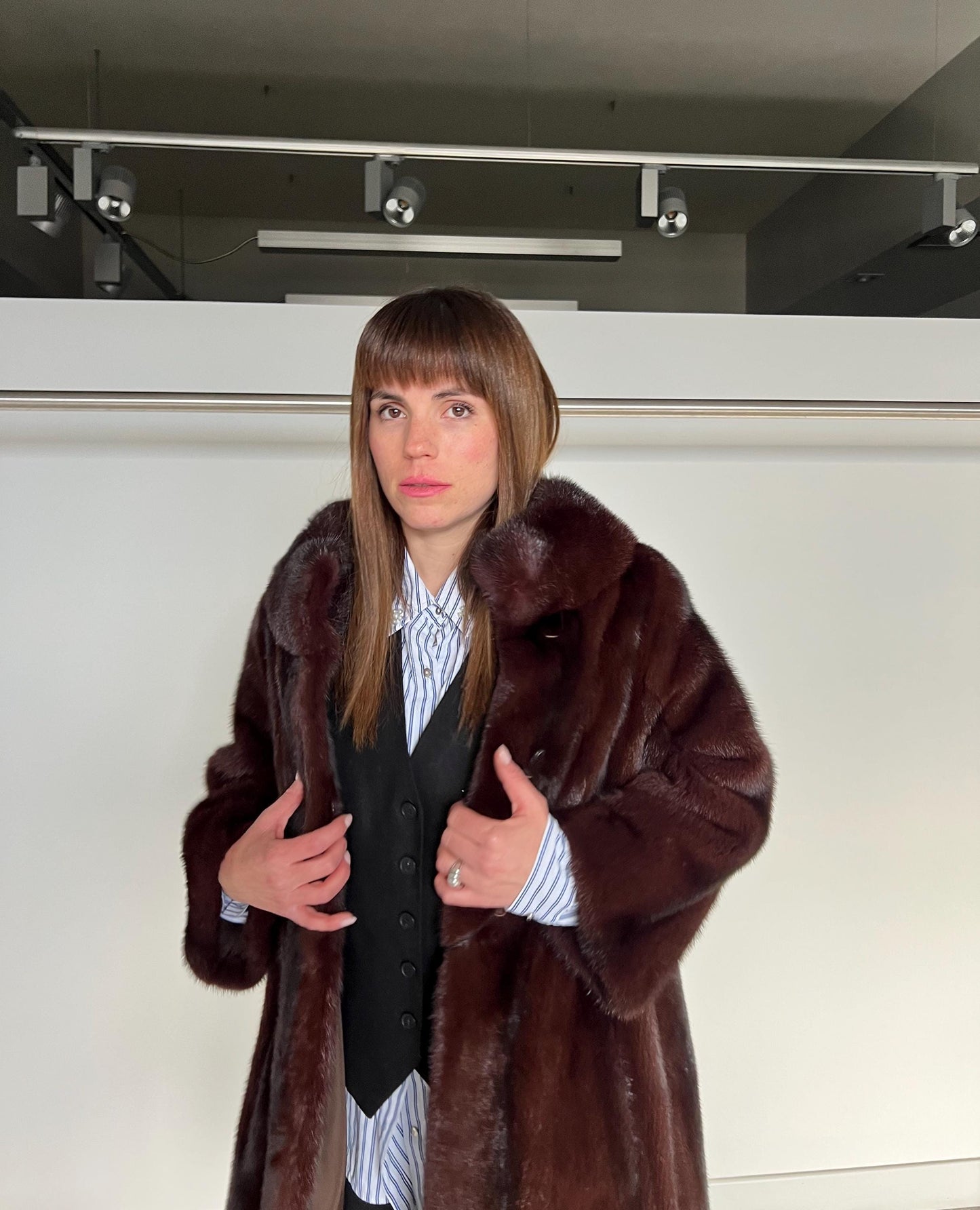 Burgundy Mink Fur Coat: Saga Quality, Stand Up Collar (Medium)