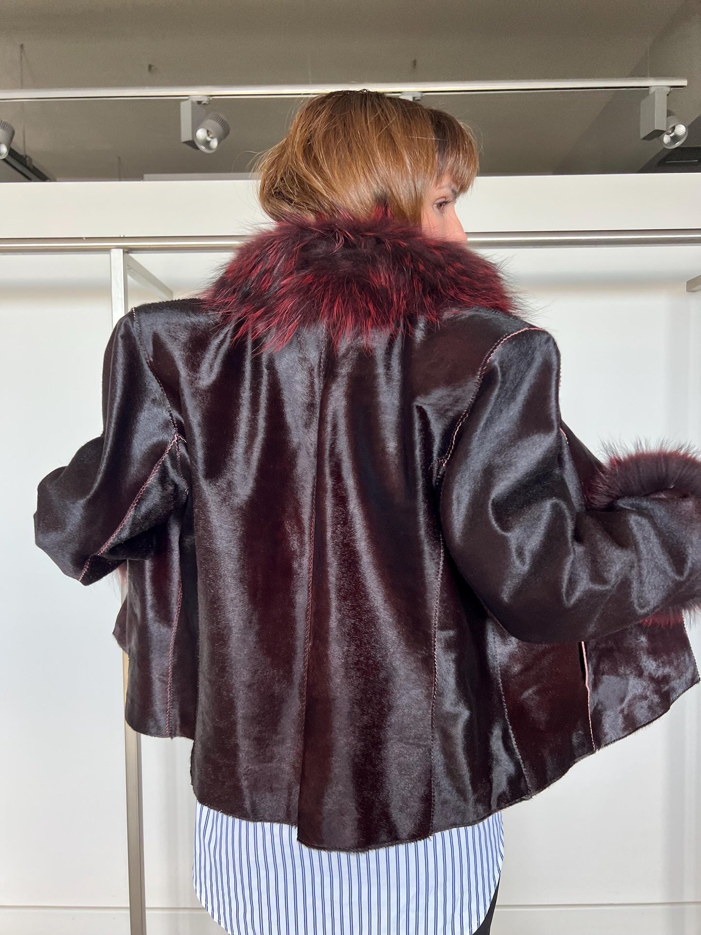 Hair-On Calf Hide Jacket: Burgundy Leather with Raccoon Fur - X-Large