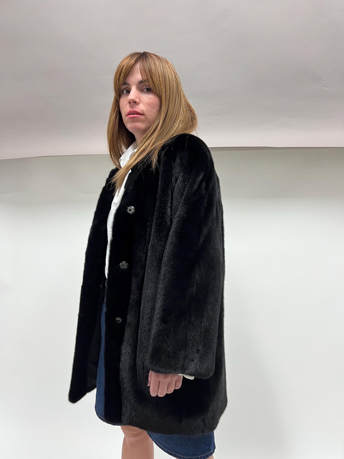 Black Velvet Mink Fur Robe Coat - Saga Pelts, Collarless