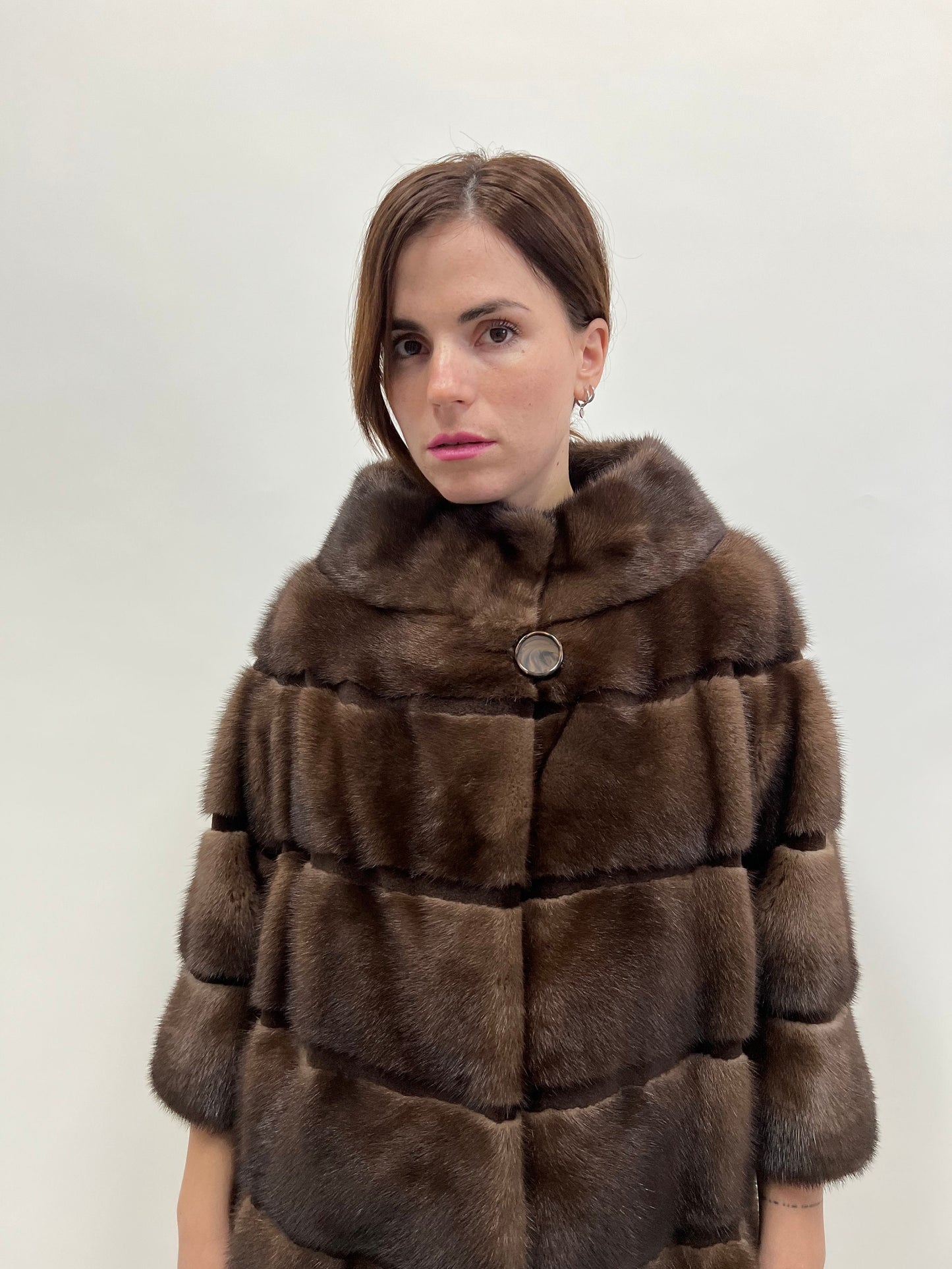 Saga Mink Fur Coat: Brown Sheared Trim, Handmade in Greece
