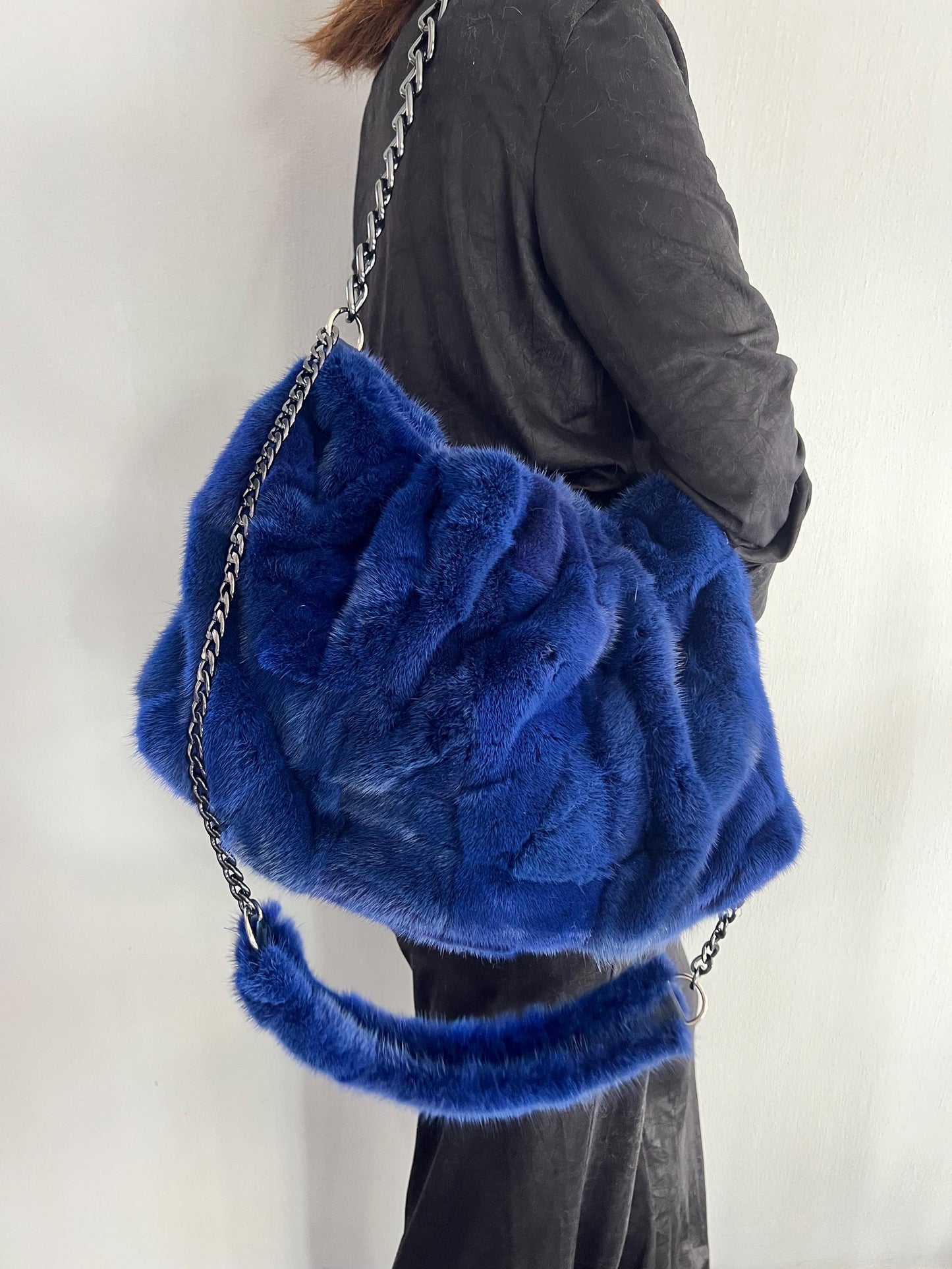Navy Mink Fur Slouch Bag: Handmade grey Strap Crossbody