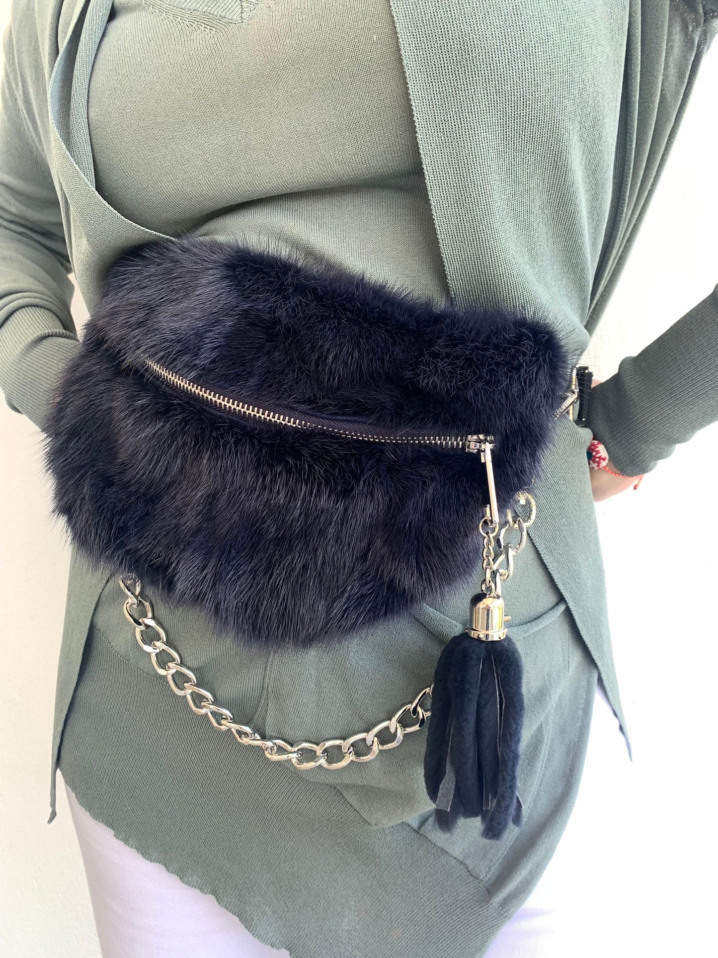 Navy Mink Fur Bumbag with Chain Tassel: Luxury Fanny Pack