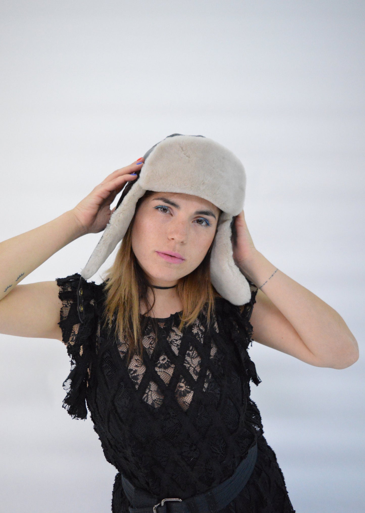 Shearling Fur Trapper Hat: Cream & Bordeaux Sheepskin Aviator Style