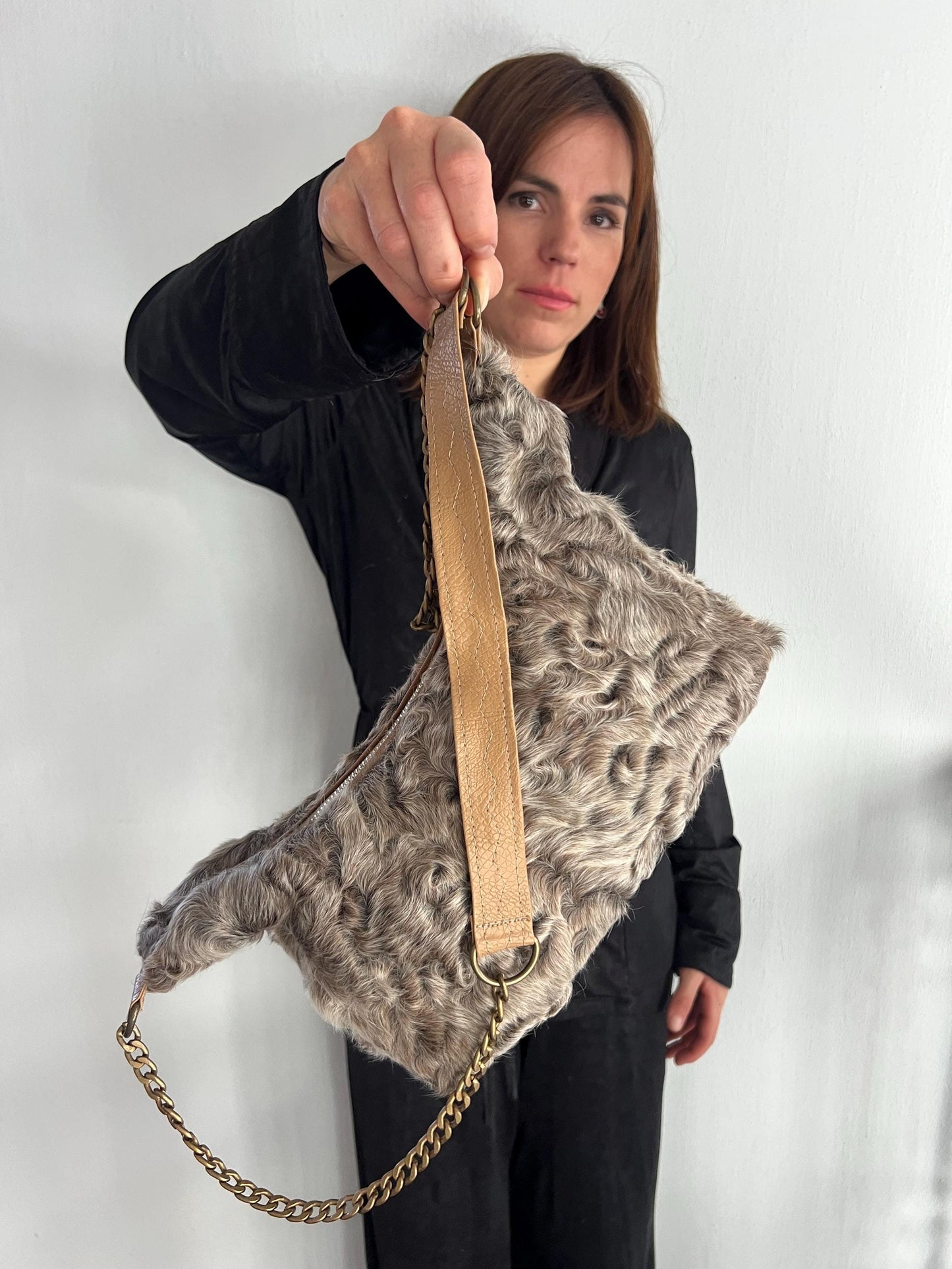 Swakara Grey Fur Tote Bag: Leather & Chain Detail, Luxury Handbag