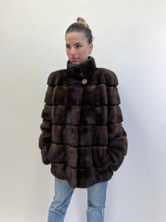 Dark Brown Mink Fur Coat: Horizontal Sheared Stripes, Size M/L
