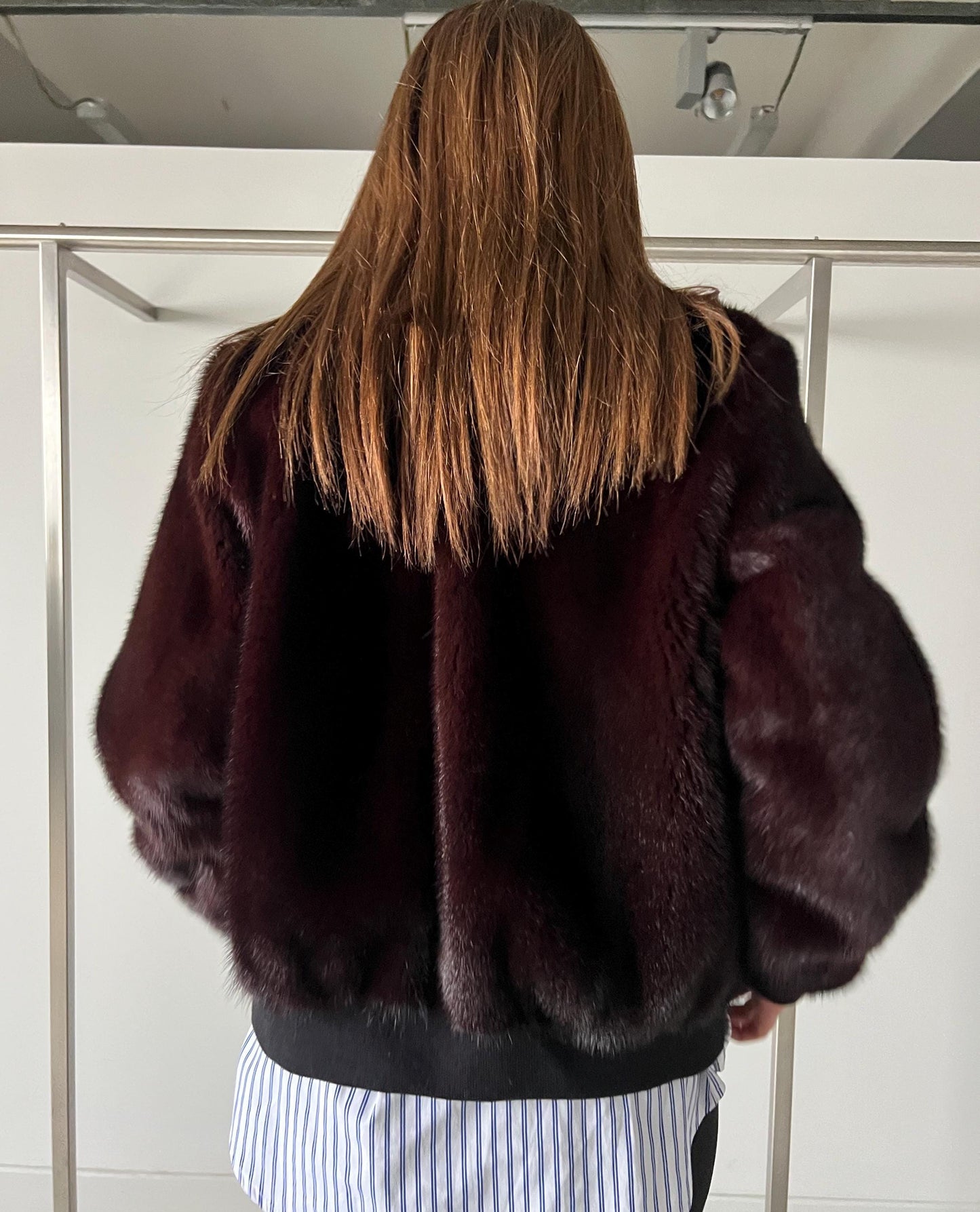 Burgundy Mink Fur Bomber Jacket: Elastic Hem, Silky Lining