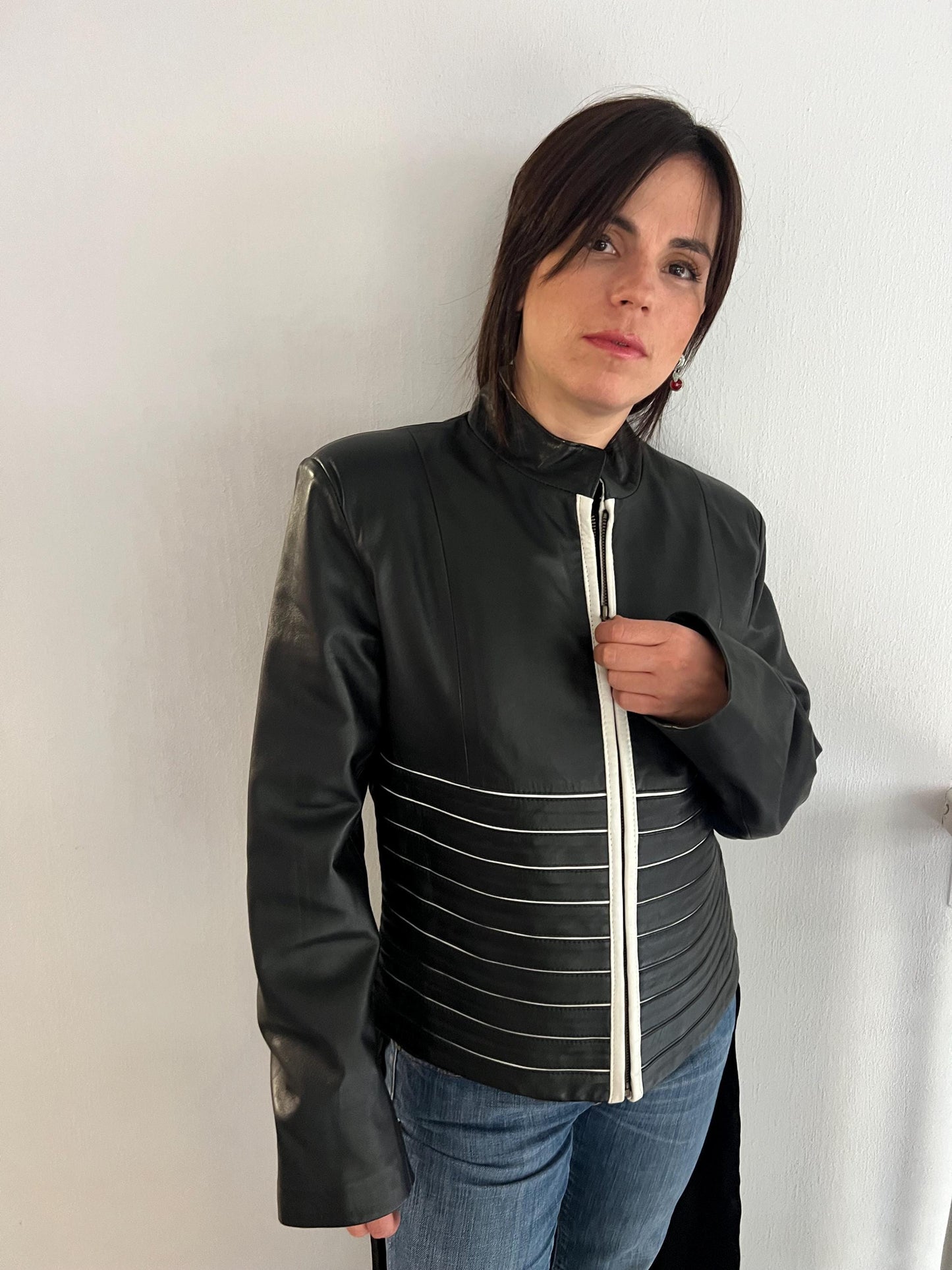 Handmade Black and White Lambskin buttery zipped up Leather Jacket - Medium