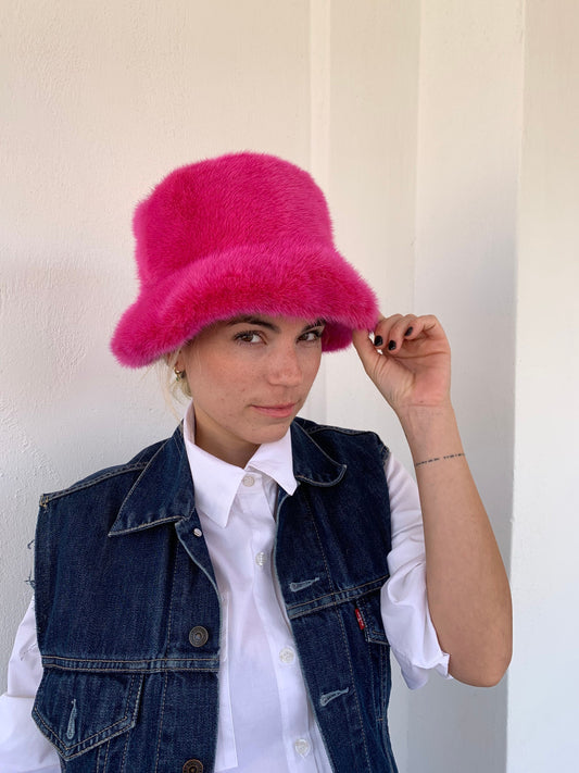 Fuchsia Mink Fur Bucket Hat: Luxury Head Warmer