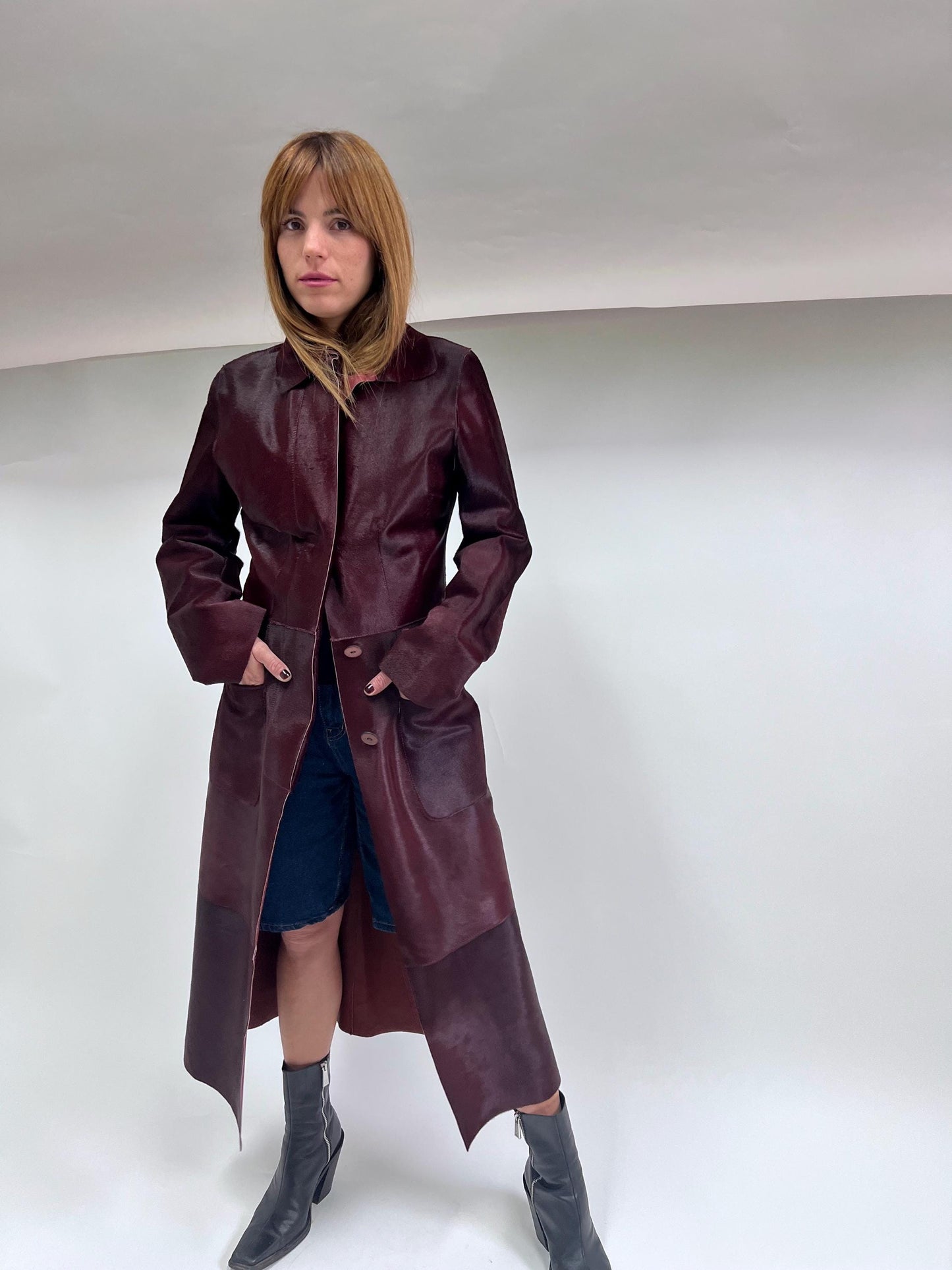 Burgundy Hair-On Leather Coat: Handmade Cavallino Calf Jacket