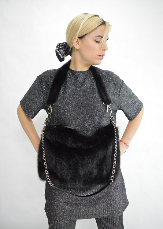 Handmade Black Mink Fur Shoulder Bag: Leather & Chain Detail