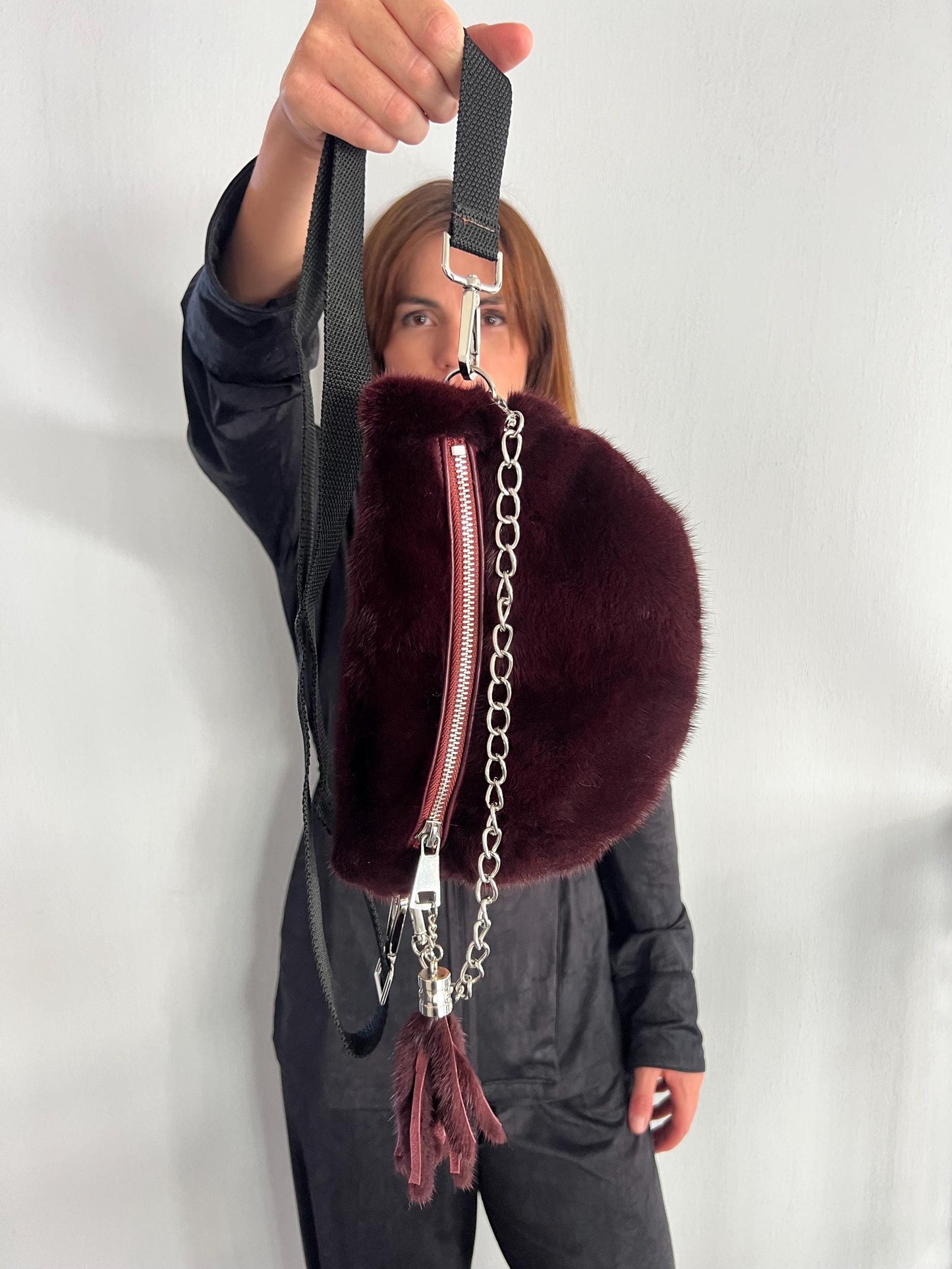 Burgundy Mink Fur Bumbag with Chain, Luxury Fanny Bag