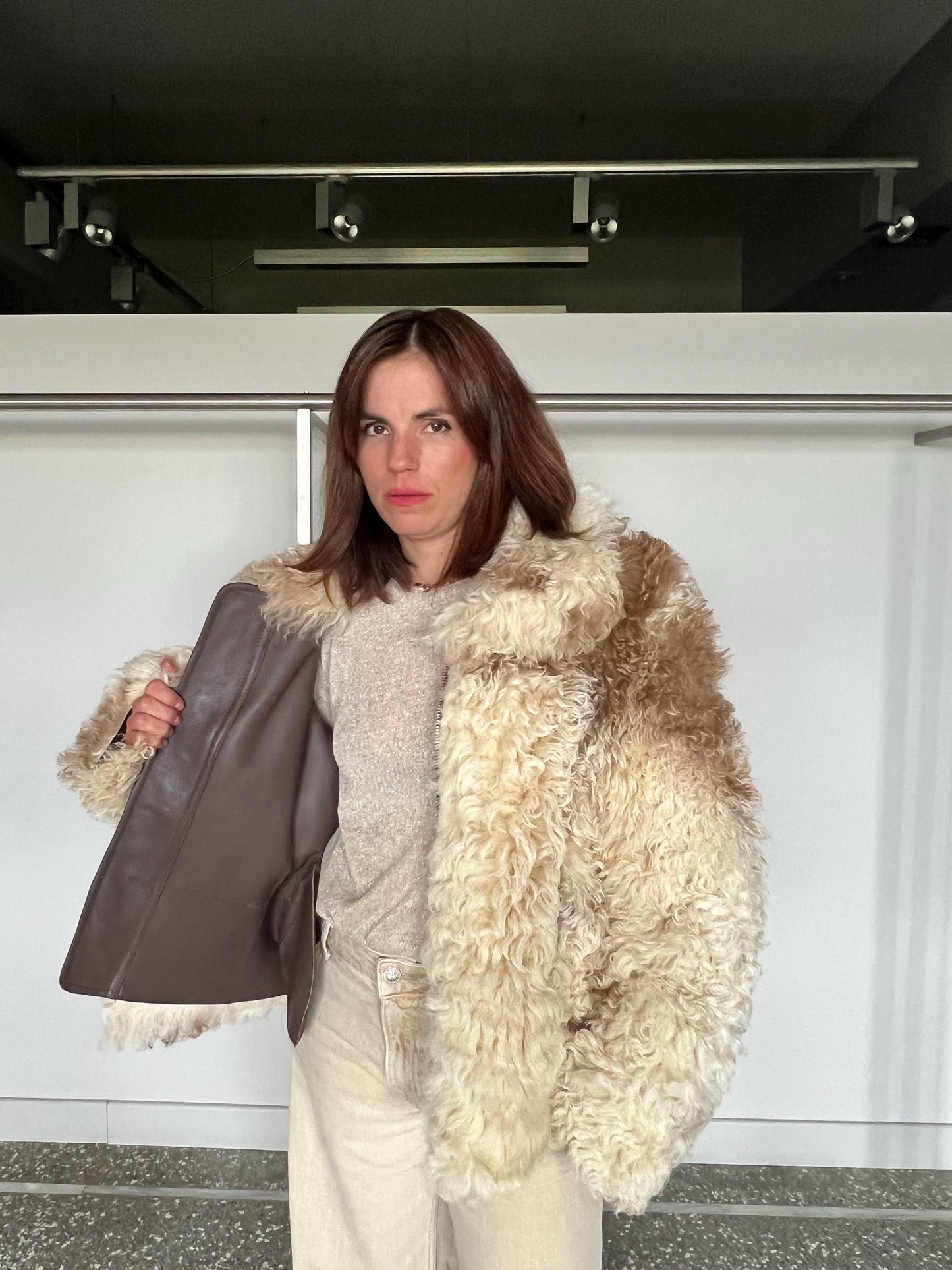 Handmade Shearling Fur Jacket: White & Beige, Taupe Leather, Zip Up