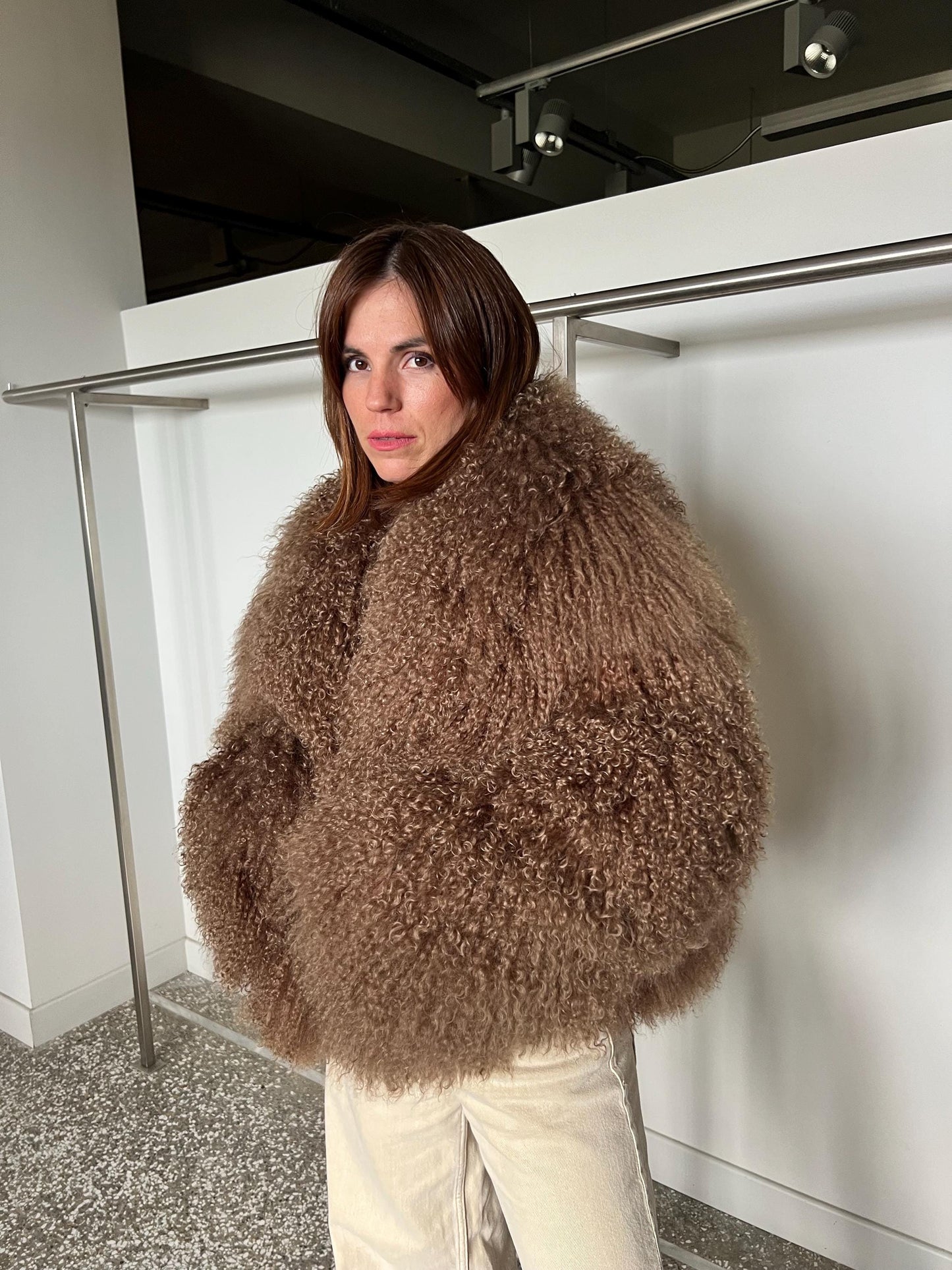 Handmade Chocolate Mongolian Lamb Fur Jacket - Pastel Brown Clip Closure