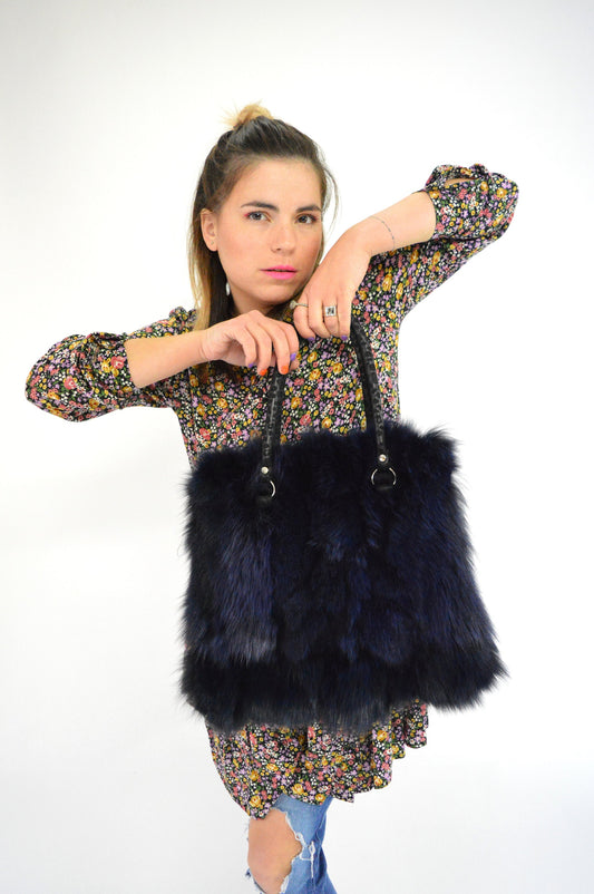 Navy Fox Fur Tote Bag: Handmade Leather Shoulder Bag