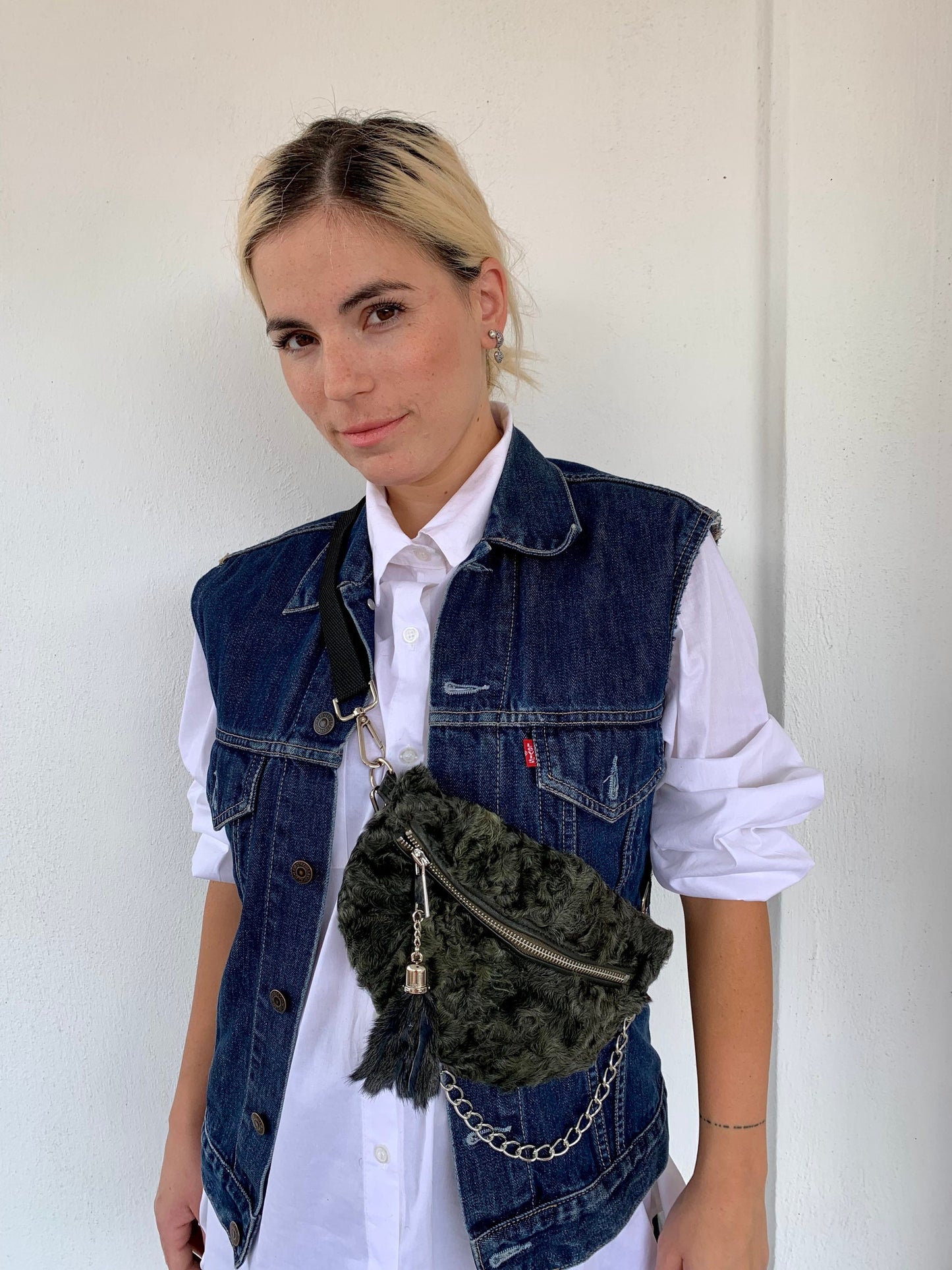 Olive Lamb Fur Bumbag with Chain Tassel: Luxury Fanny Pack