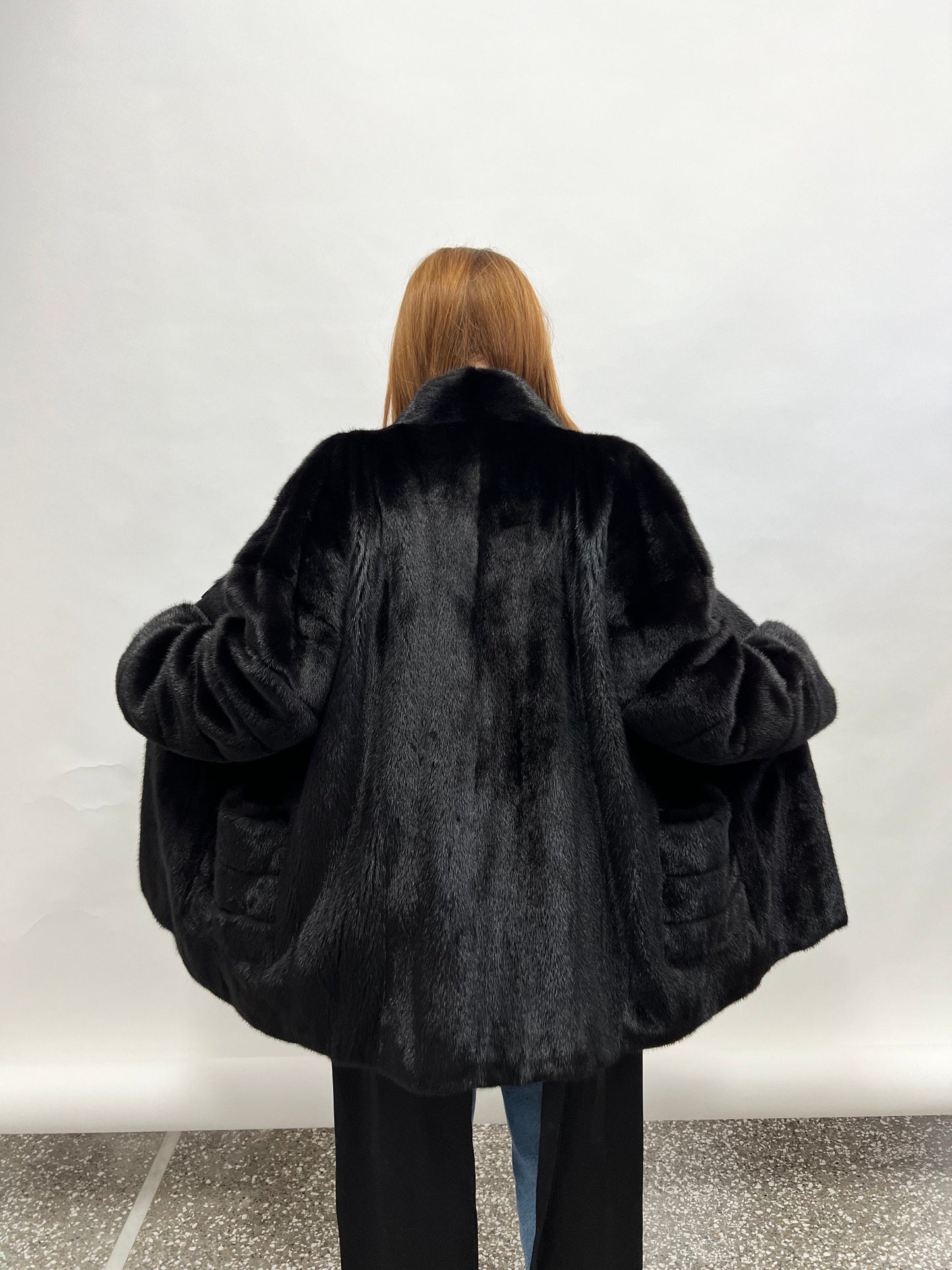 Black Mink Fur Coat, Boxy Jacket with Collar, Size Small