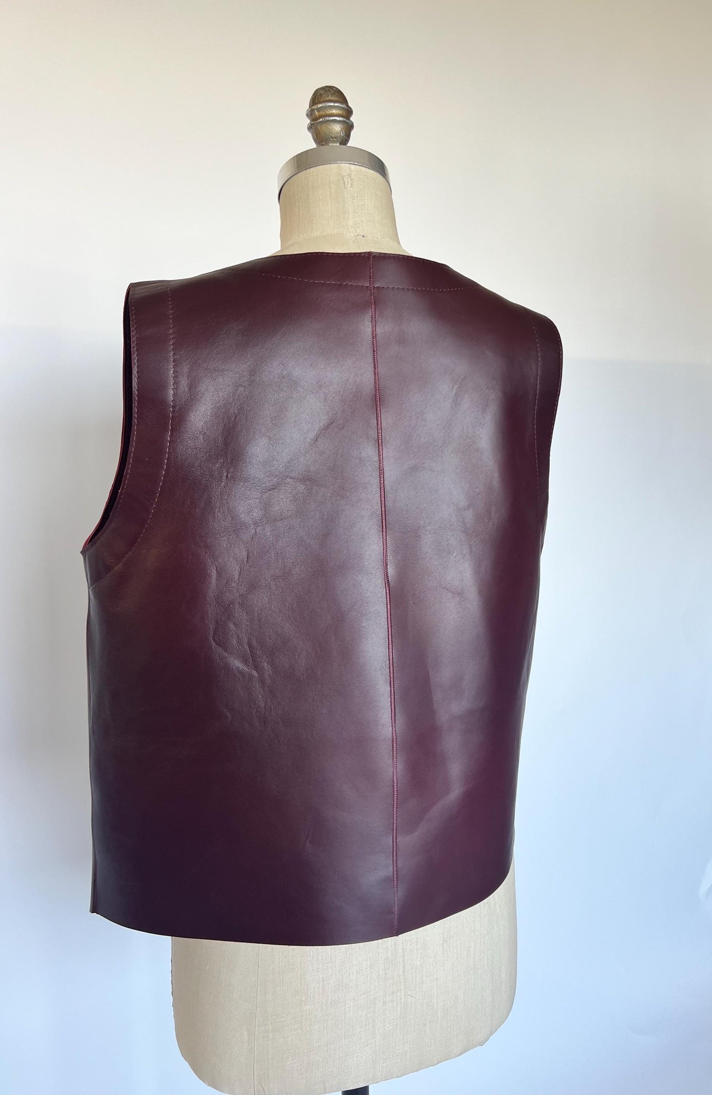 Burgundy thick Leather Vest unlined. Diagonal premium hide vest.