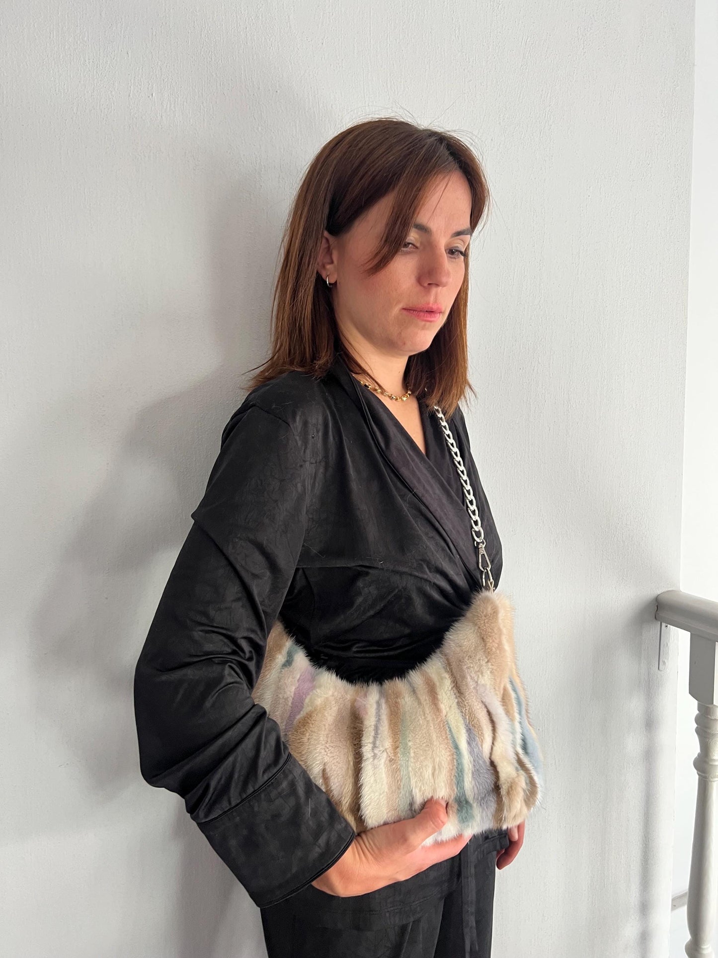 Multicolor Mink Fur Tote Bag: Leather & Chain Details