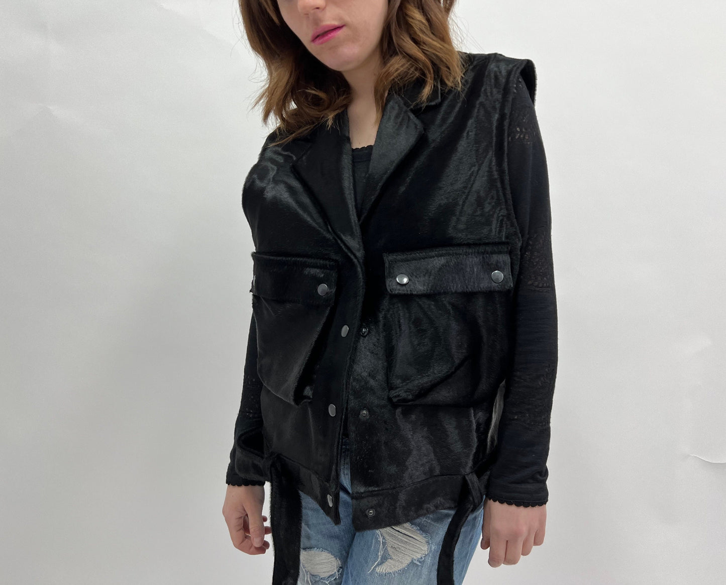 Genuine Hair-On Calf Hide Vest: Utility Leather Vest with Belt