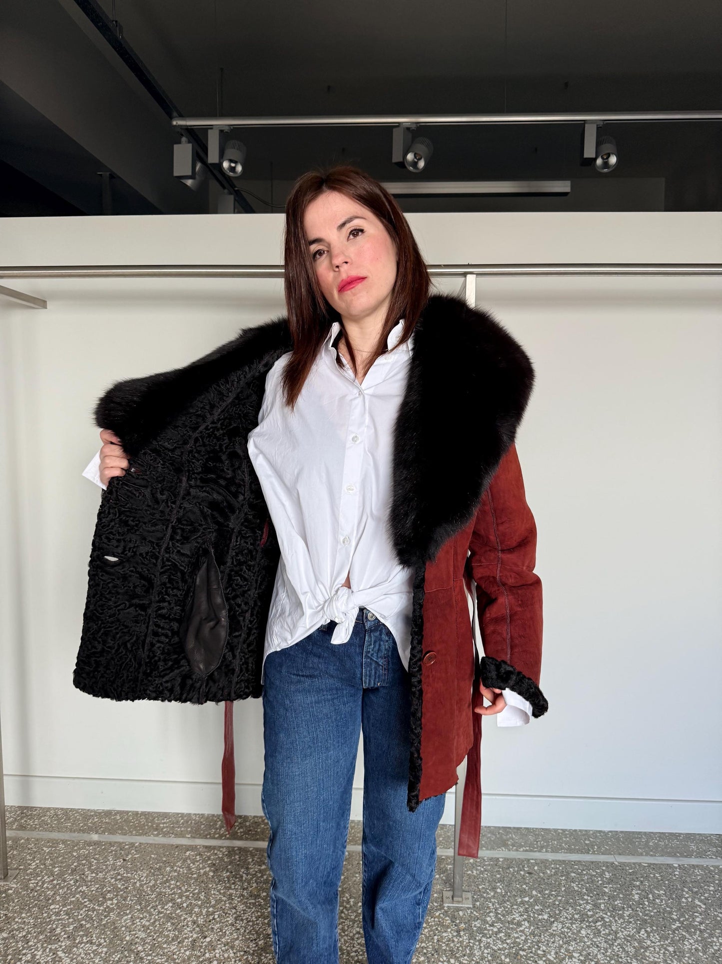 Reversible Shearling Suede Jacket with Fox Collar, Leather Belt, Made in Greece