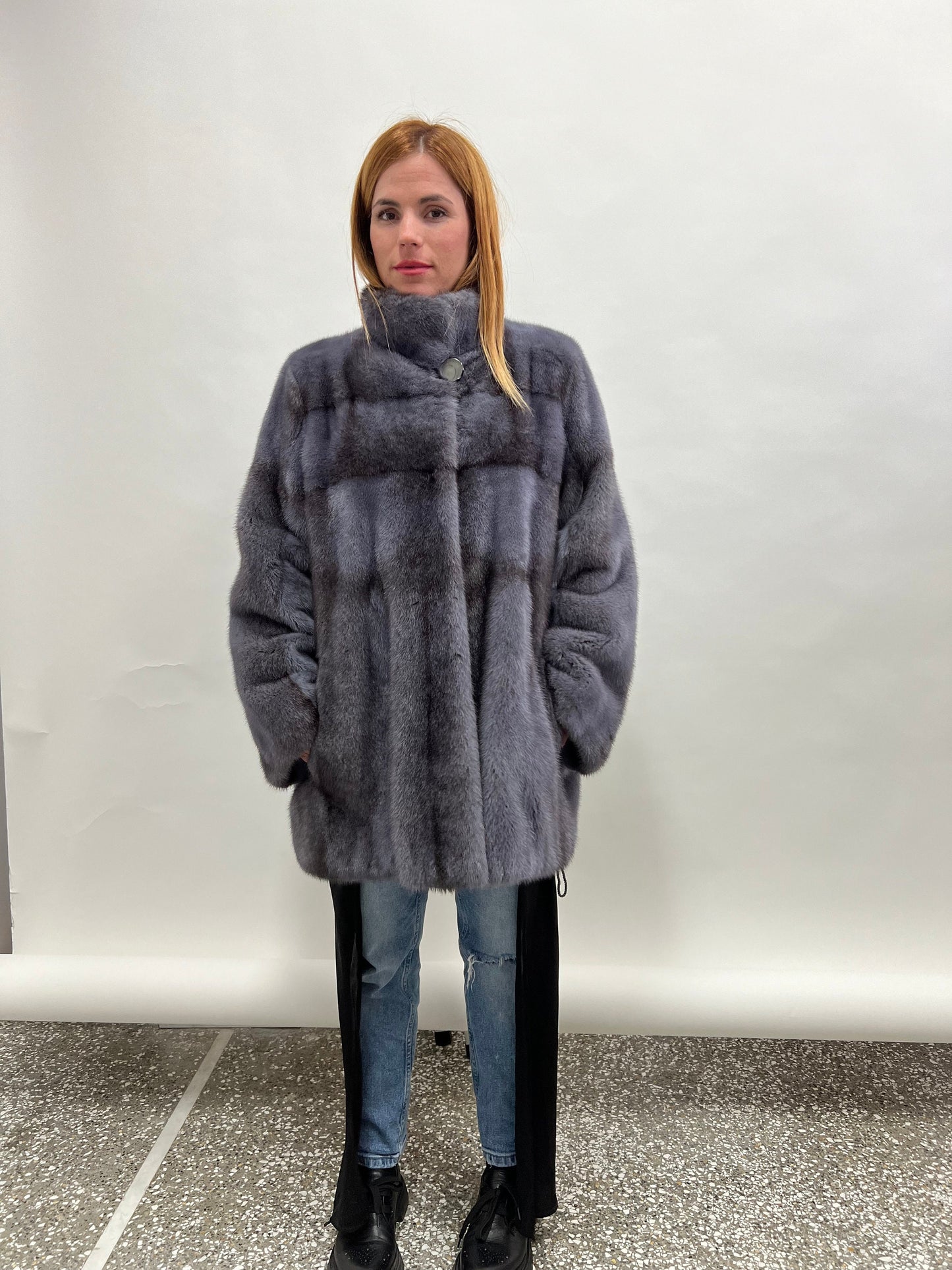 Grey Saga Mink Fur Jacket: Real Silver Cross Pelt, Handmade in Greece